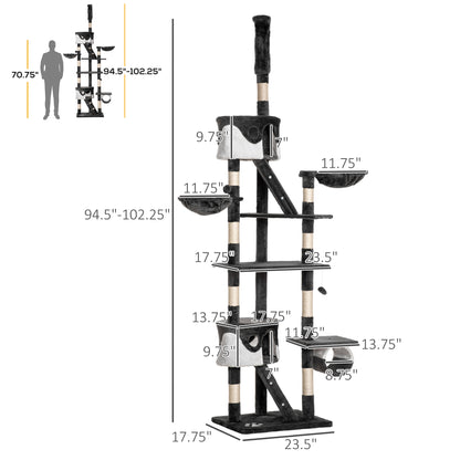 94"-102" Floor to Ceiling Cat Tree, High Cat Condo Scratching Post Activity Center, Multi-Level Play House