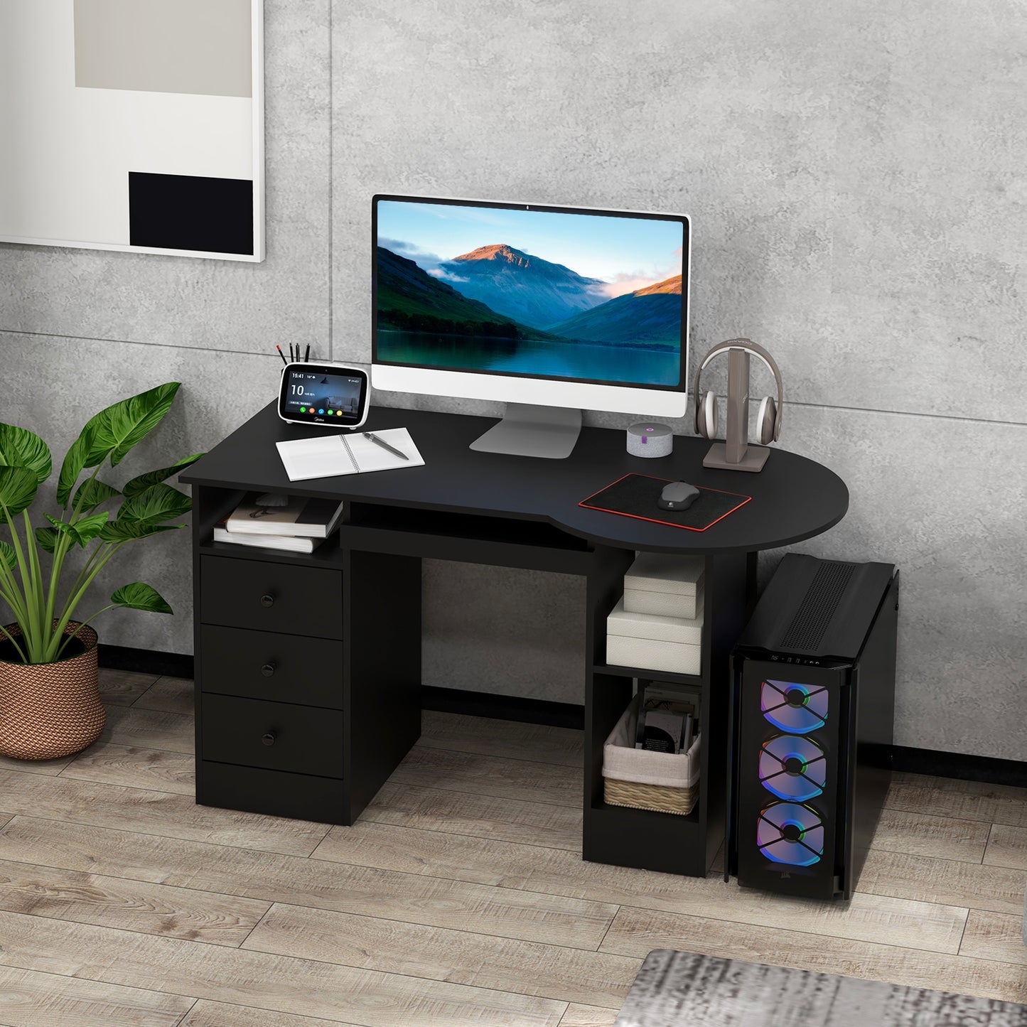 Computer Desk with Storage, Home Office Laptop Table with Shelves and Drawers, Modern Workstation Desk with Keyboard Tra