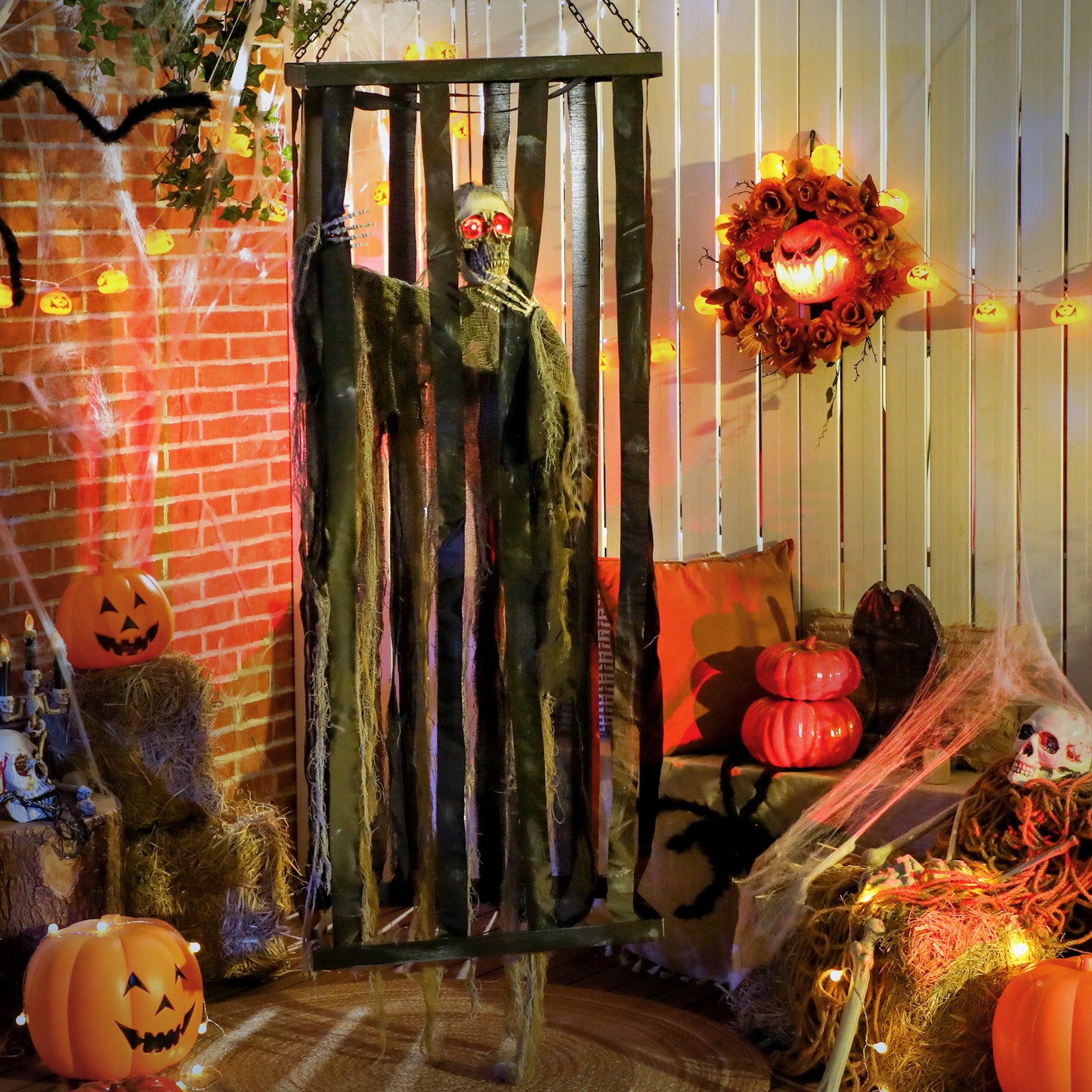 Animatronics Hanging Skeleton Reaper in Cage, Voice-Activated Prop with Flashing Eyes, Easy Setup Indoor