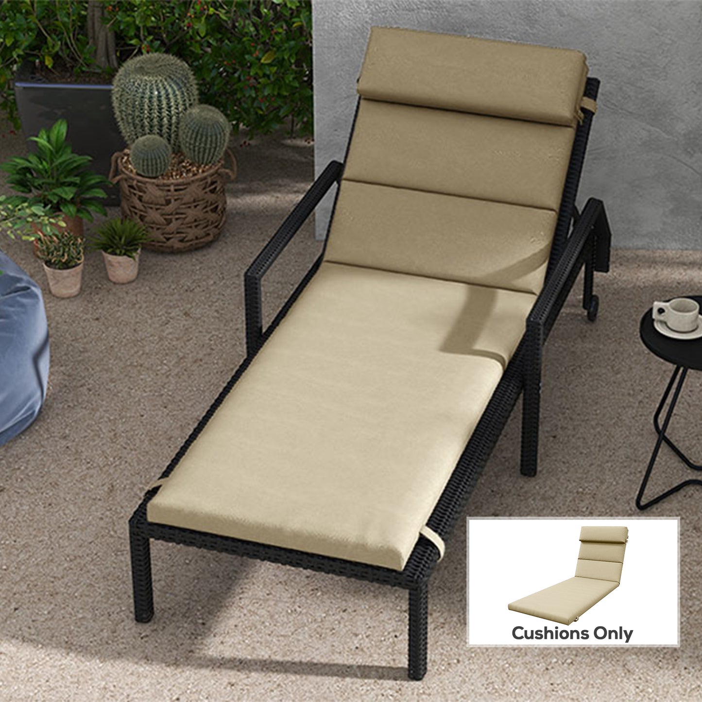 Patio Chaise Lounge Chair Cushion Replacement Sun Lounger Pads with Headrest and Ties, Beige