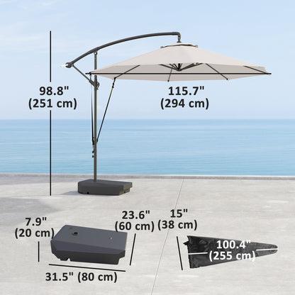10FT Cantilever Umbrella with Fillable Base, Wind Strap and Cover, Offset Hanging Umbrella with Crank, Cream White
