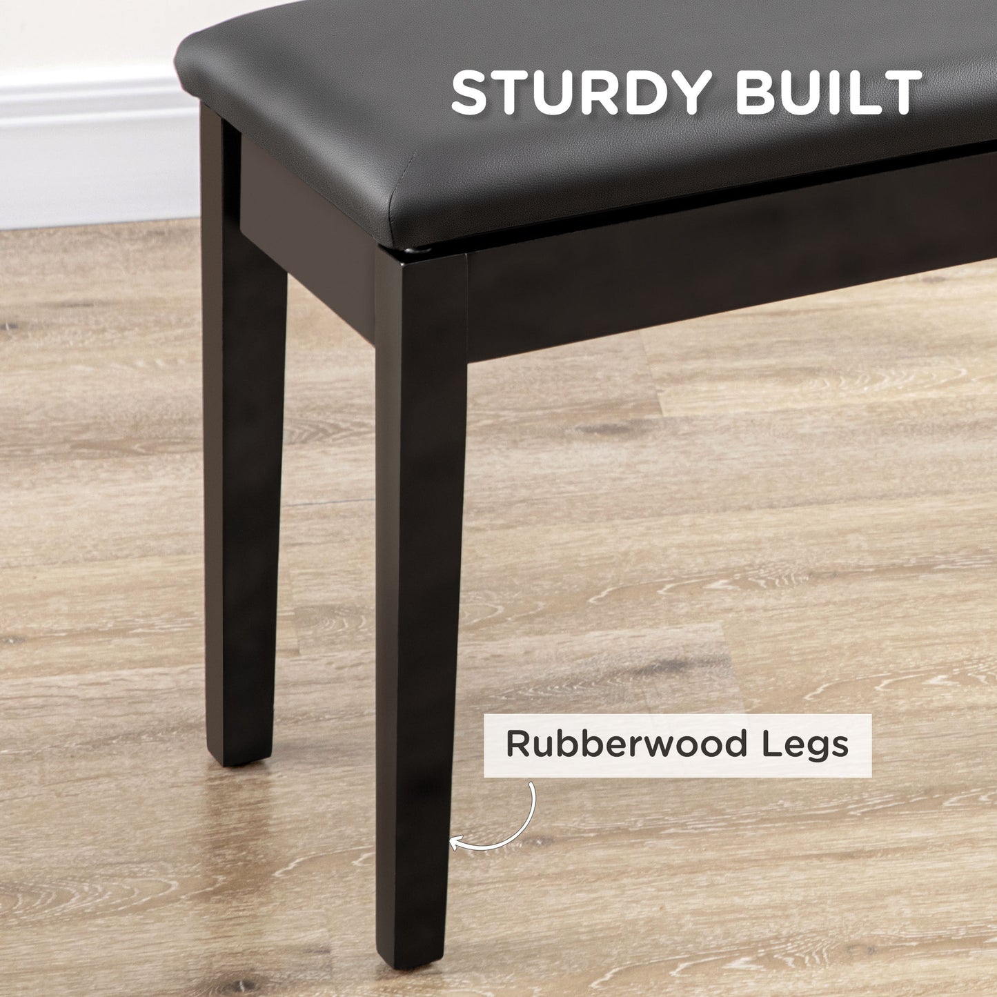 Classic Piano Bench Stool, PU Leather Padded Keyboard Seat with Rubber Wood Legs and Music Storage Compartment, Smooth S