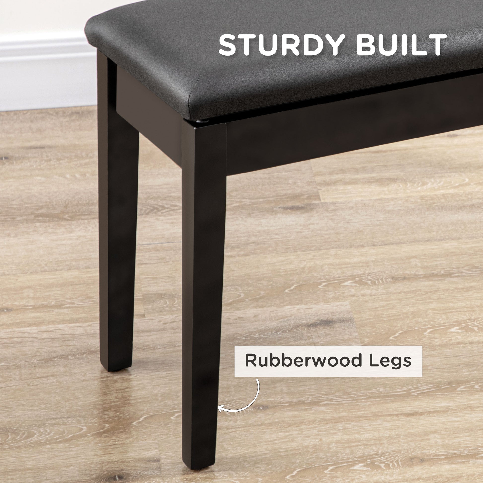 Classic Piano Bench Stool, PU Leather Padded Keyboard Seat with Rubber Wood Legs and Music Storage Compartment, Smooth S