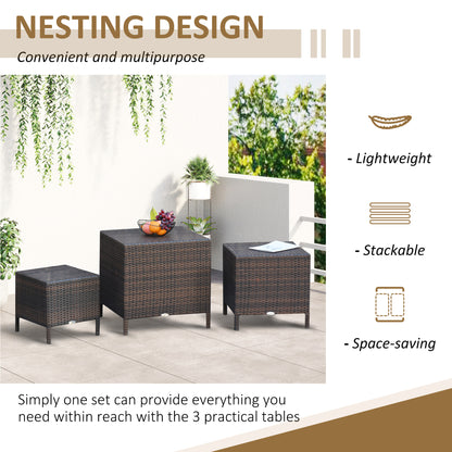 Set of 3 Wicker Nesting Tables Patio Rattan Snack End Side Tables Hand Woven All Weather Garden Outdoor Home Furniture B