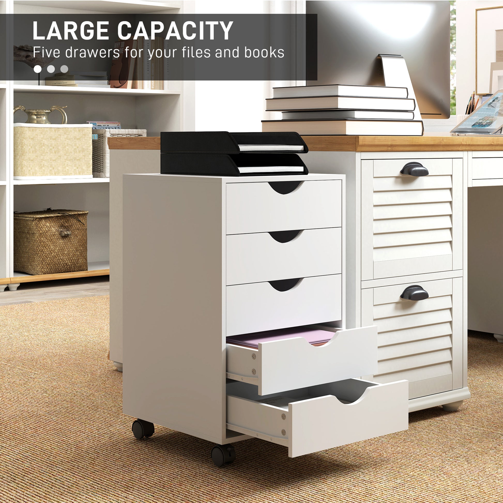 File Cabinet with 5 Drawer Wheels, 15.7" x 15.7" x 26.4", White