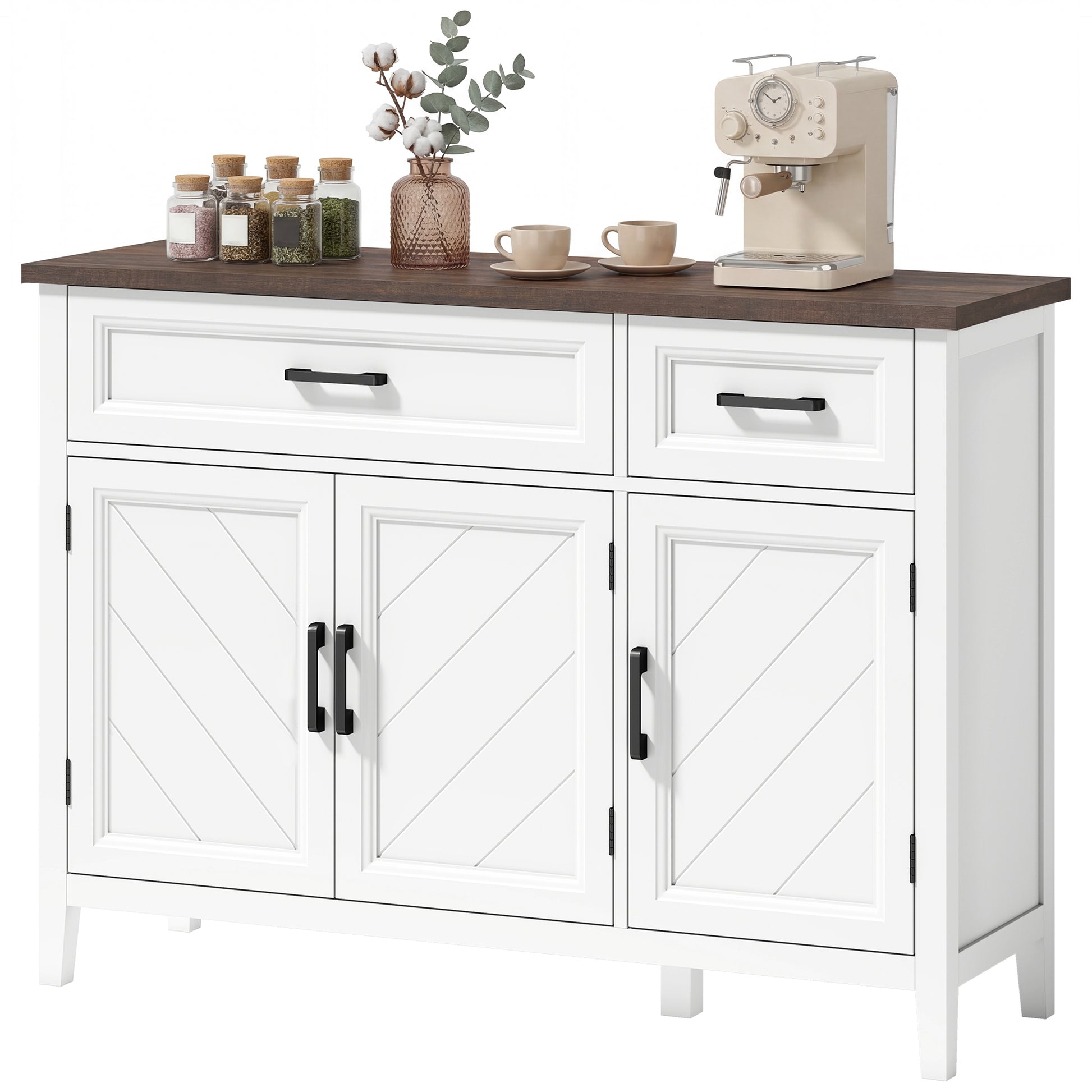 Sideboard Buffet Cabinet, 44" Farmhouse Kitchen Cabinet with 3 Chevron Doors, 2 Drawers and 2 Adjustable Shelves, White