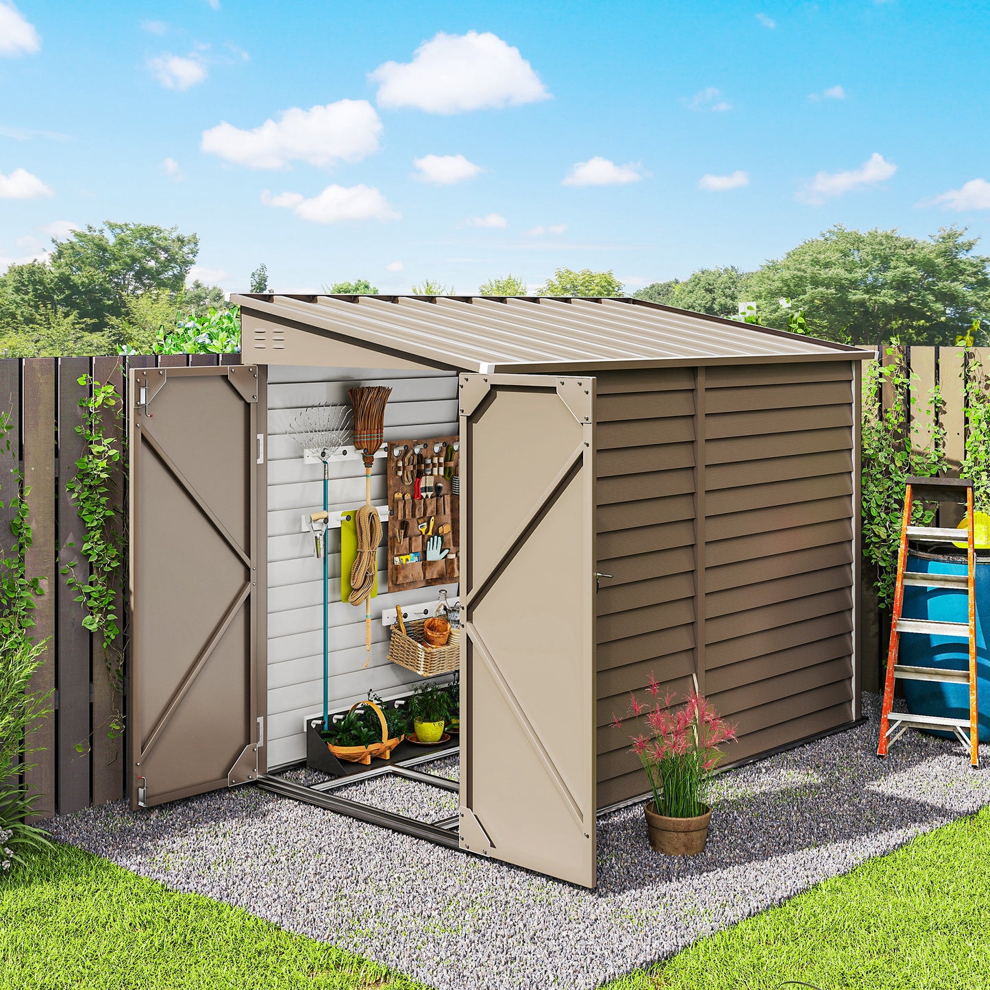 4.6' x 9' Steel Outdoor Storage Shed, Lean to Shed, Metal Tool House with Foundation Kit, Lockable Doors, Gloves and 2 A