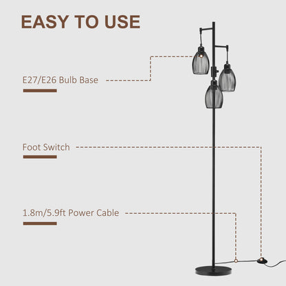 Industrial Floor Lamp with 3 Hanging Wire Lampshades, Dimmable Standing Lamp for Living Room, Bedroom, Dining Room, Stud
