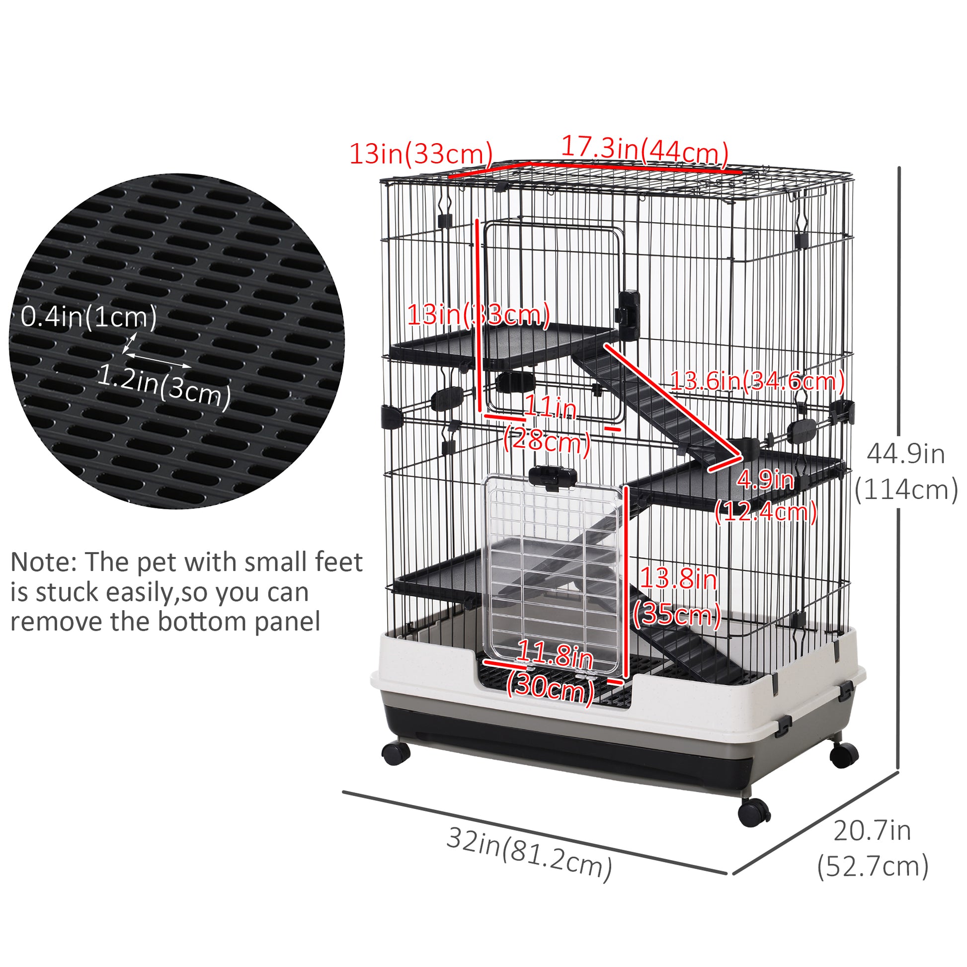 45"H Guinea Pig Cage, 4-Level Rabbit Cage for Ferret, Chinchilla, Hedghog, Bunny, Small Animal Habitat with Wheels, Slid