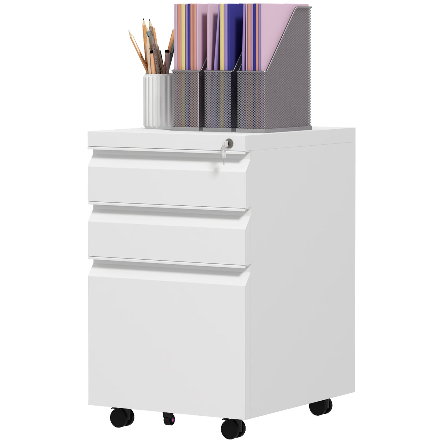 3 Drawer File Cabinet with Lock, Steel Vertical Filing Cabinet with 5 Wheels and Hanging Bar for A4/Legal/Letter, Home O
