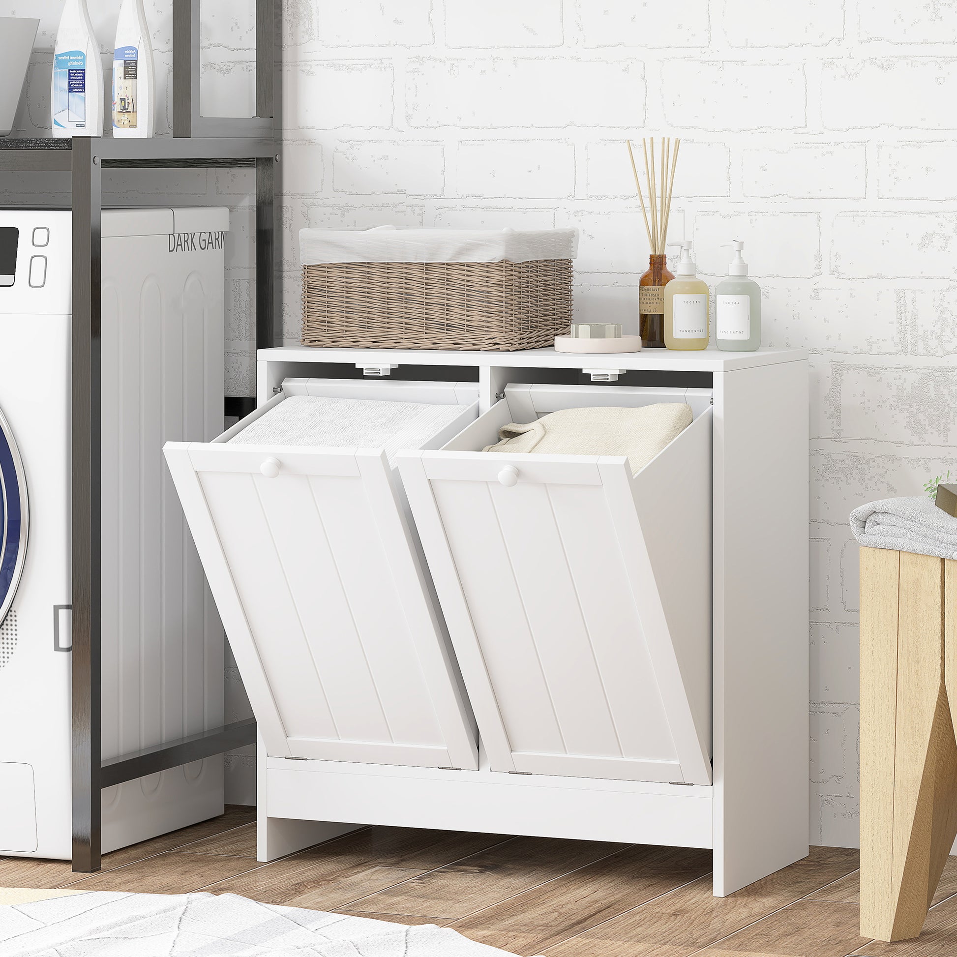 Tilt-Out Laundry Storage Cabinet, Modern Laundry Hamper with 2 Compartments for Bathroom Washroom, White