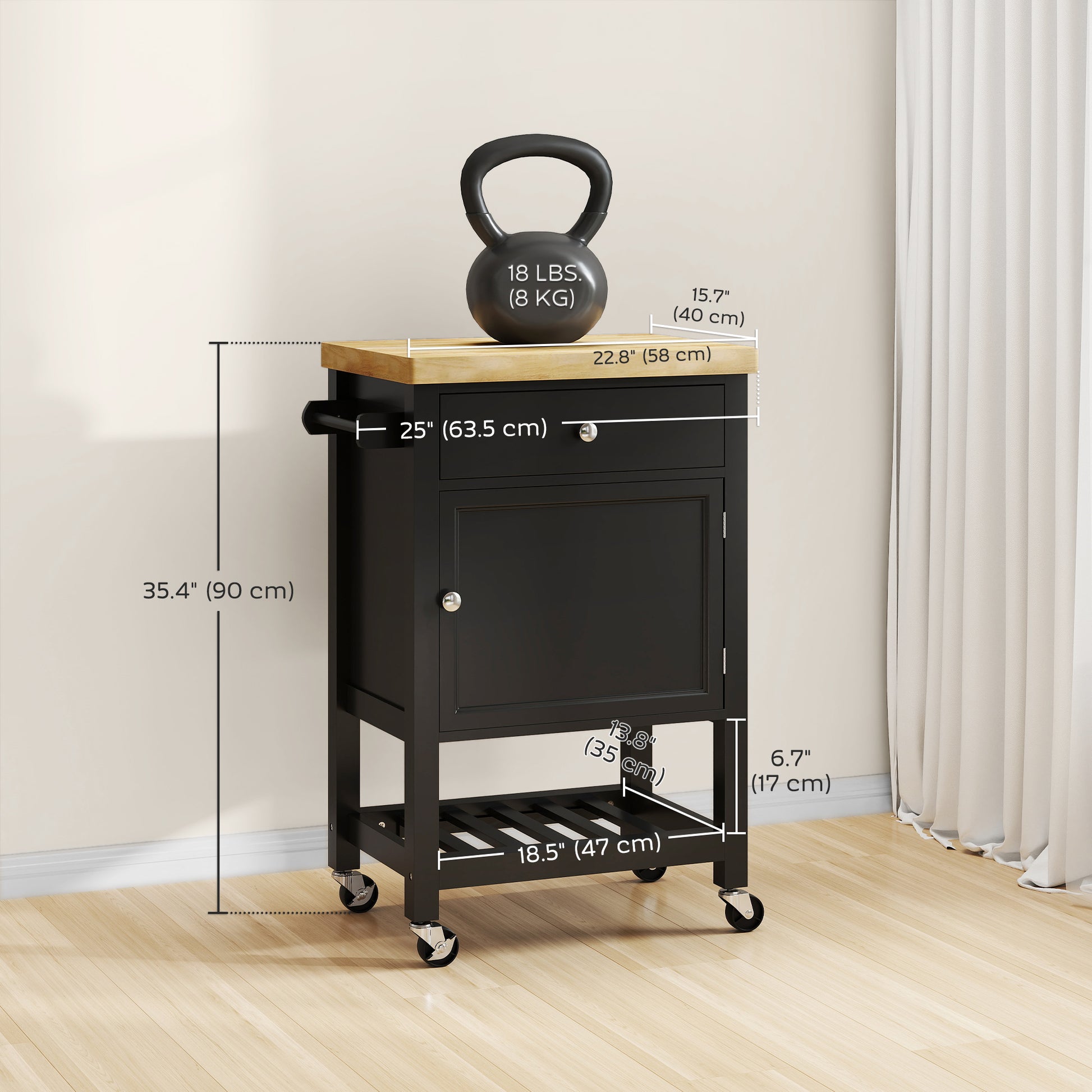 Kitchen Island on Wheels, Rolling Kitchen Cart with Wood Top, Towel Rack, Drawer and Shelf for Dining Area, Black