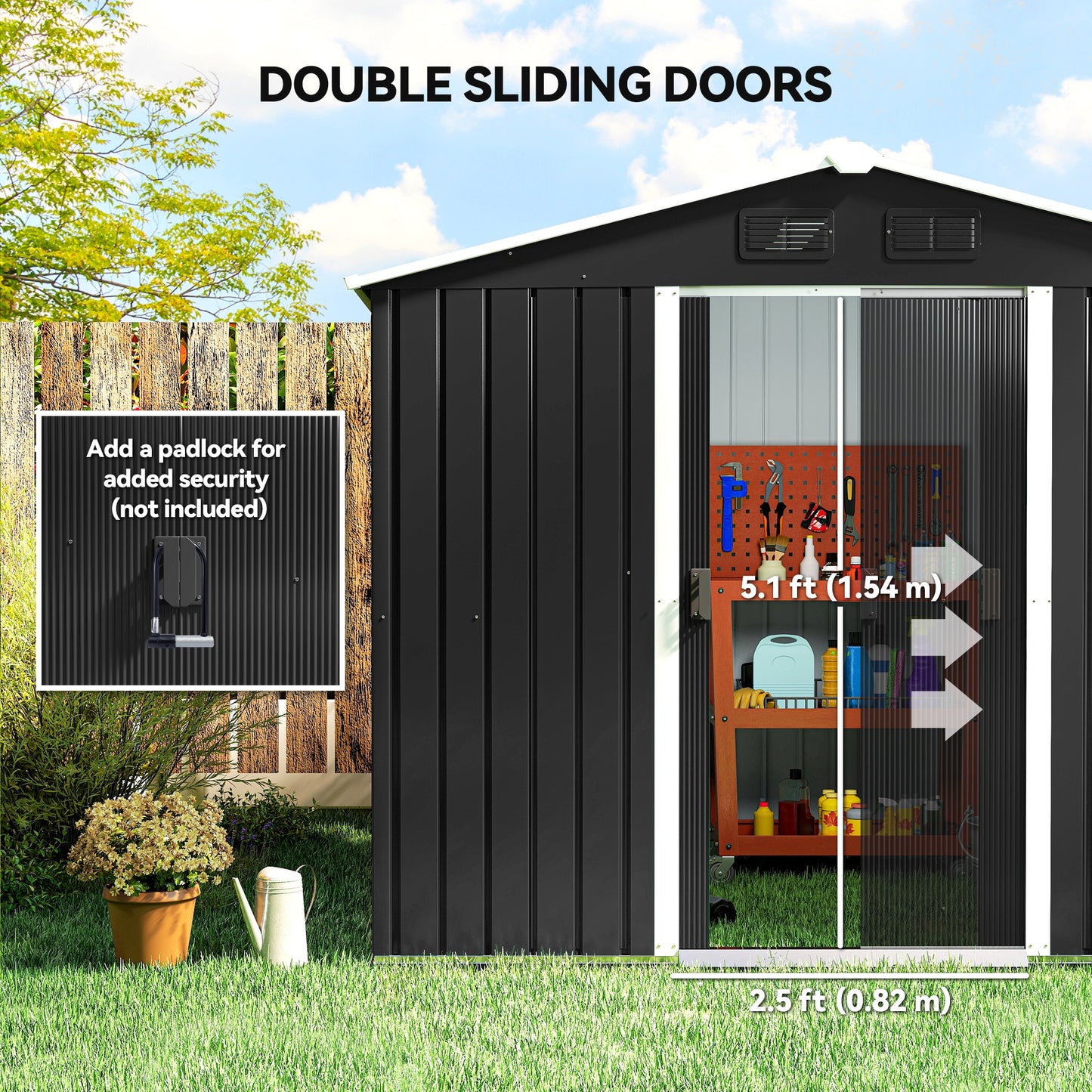 8' x 6' Outdoor Storage Shed, Metal Garden Tool Storage House with Lockable Sliding Doors and Vents for Backyard Patio L
