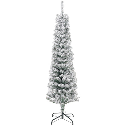 5ft Flocked Christmas Tree, Pencil Christmas Tree with Realistic Branch Tips, Folding Metal Stand, Green