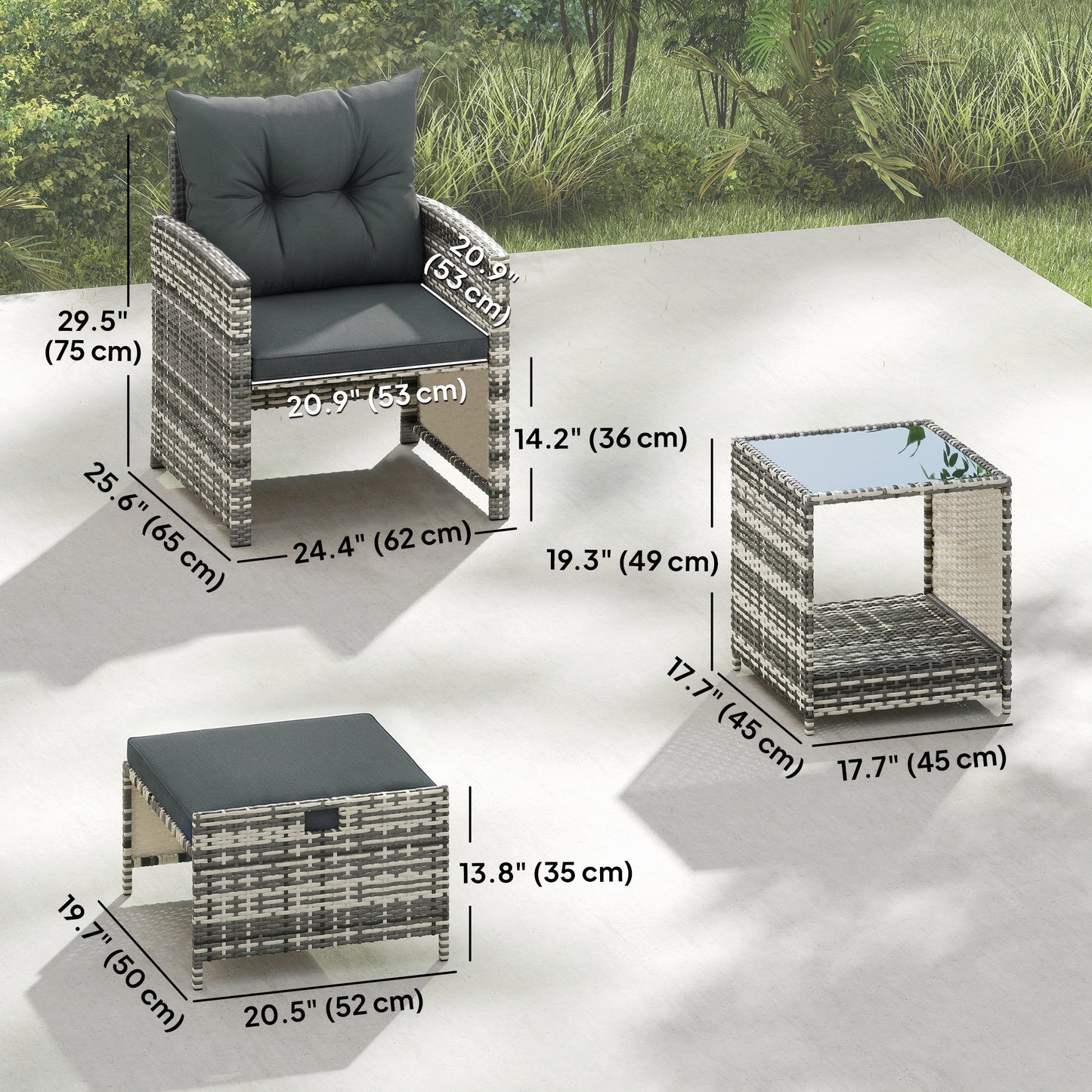 5 Piece Patio Furniture Set, Wicker Patio Chairs with Ottomans, 2-Tier Glass Coffee Table and Cushions, Grey/Dark Grey