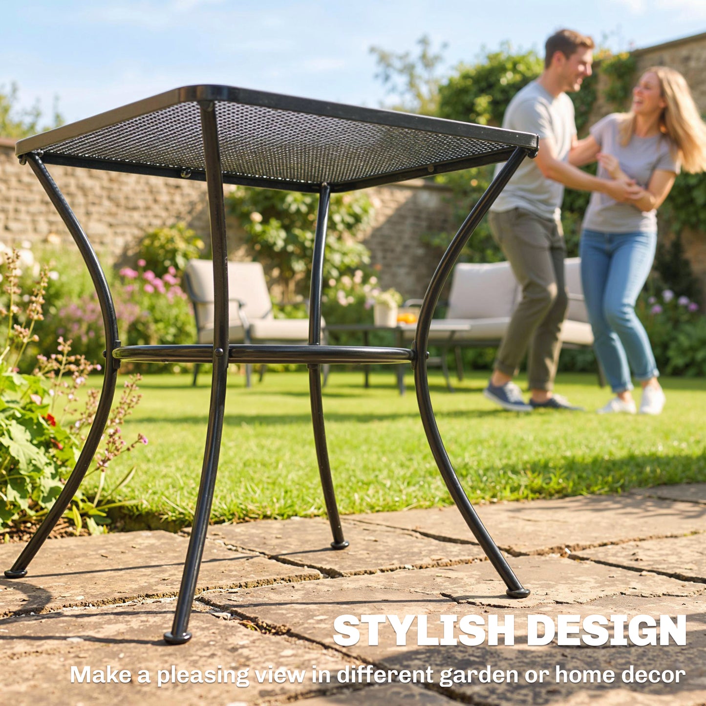 Square Outdoor Side Table, Metal Outdoor Patio Table, Garden Coffee Side Bistro Tables with Mesh Grid Top for Balcony, P