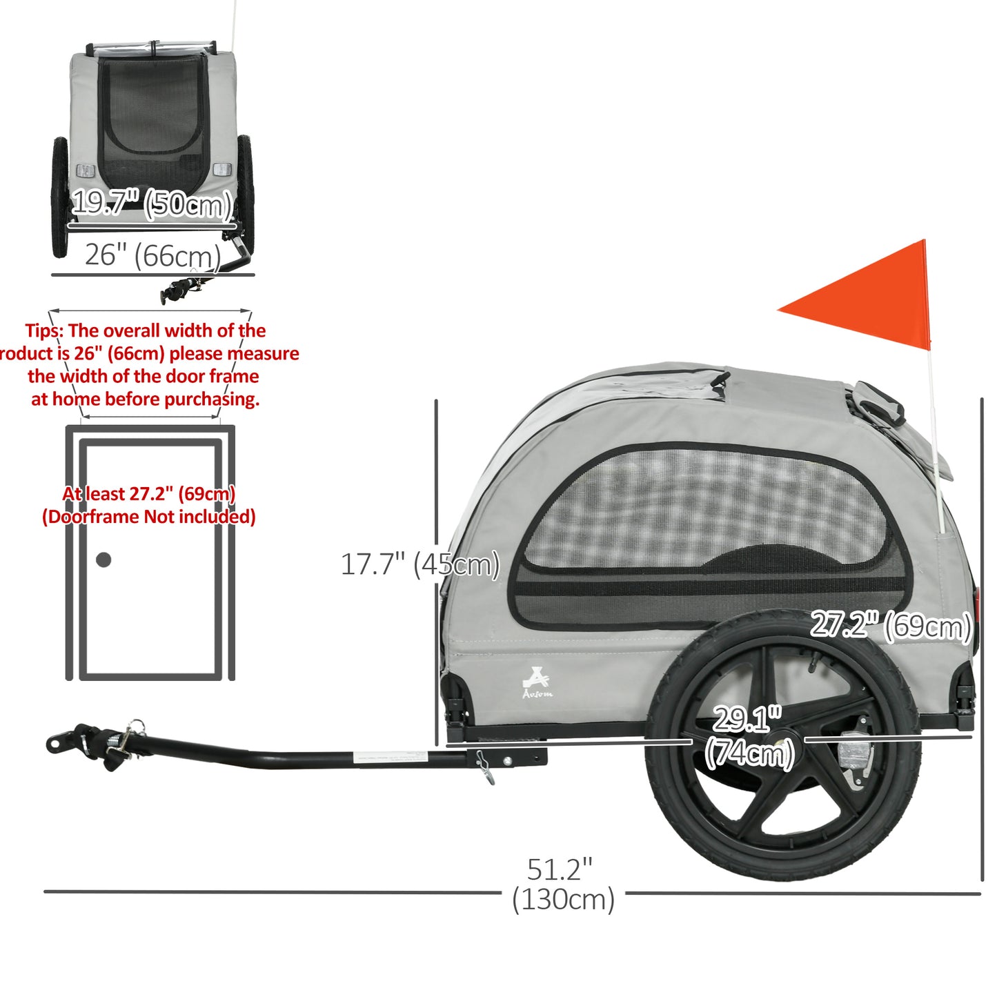 VarietyKart Dog Bike Trailer with Mesh Windows, Safety Leash, Safety Flag, Doors, for Small Medium Dogs Travel, Light Gr