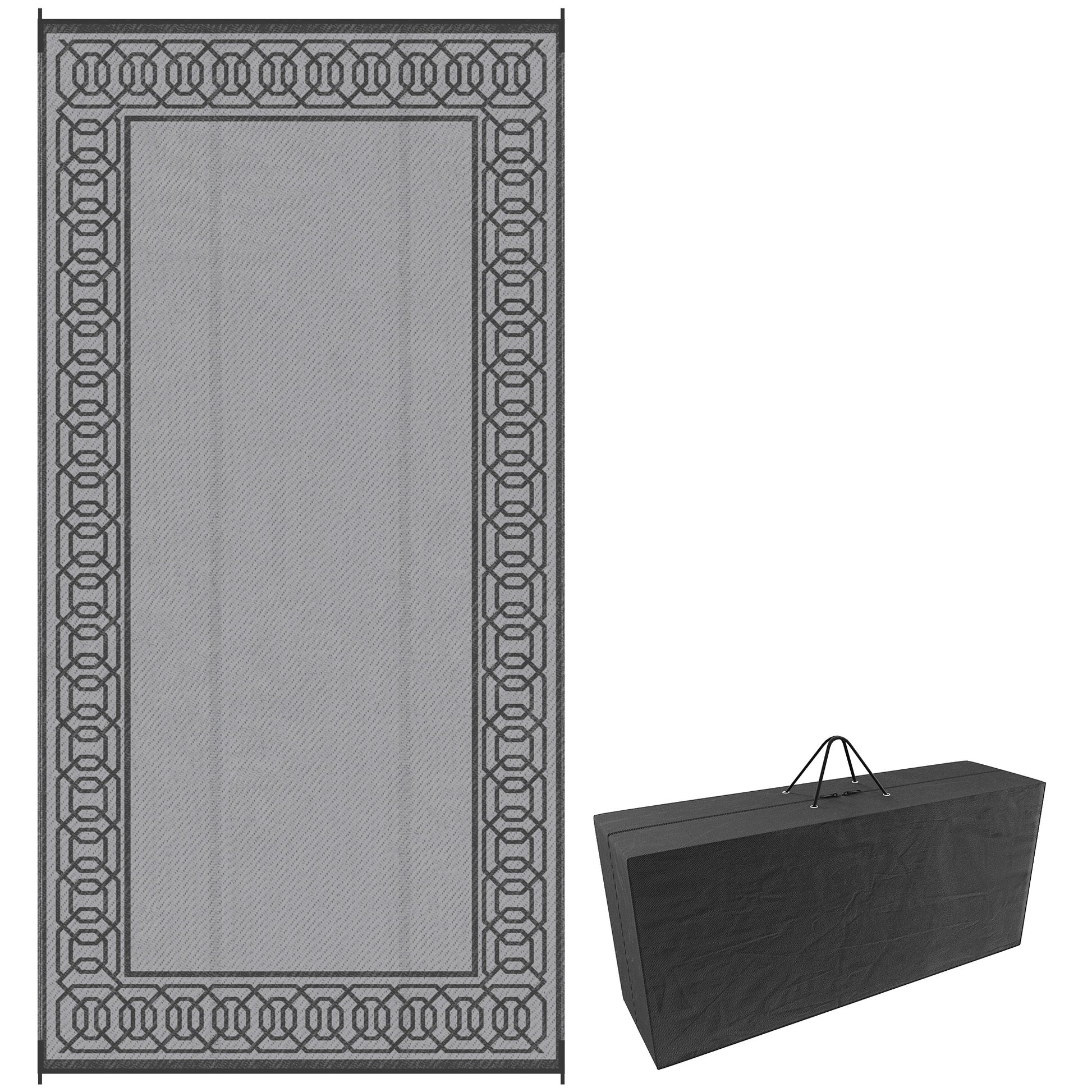 Portable Outdoor Rug with Carrying Bag, 9' x 18' Reversible Mat, Waterproof Plastic Straw RV Rug, Black and Grey