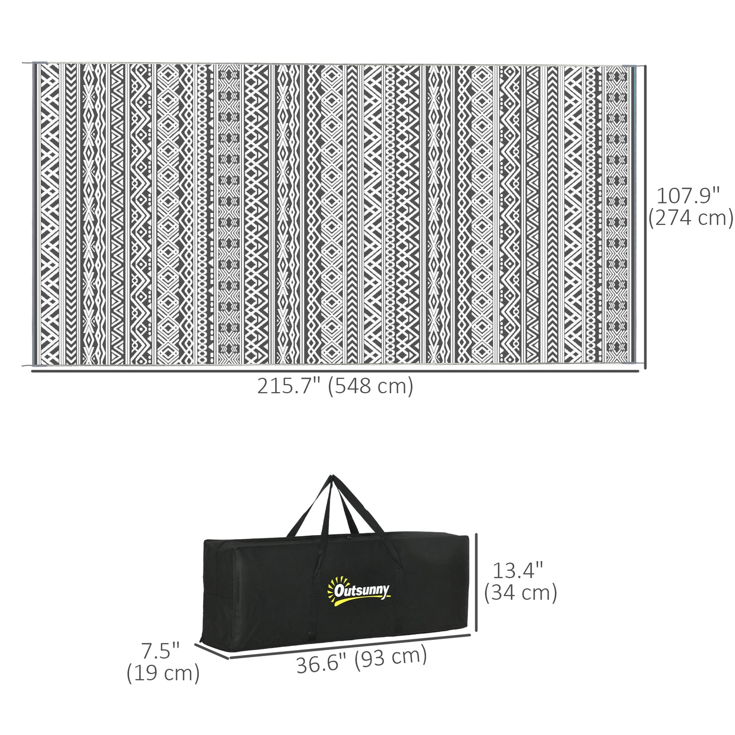 Reversible Outdoor Rug Waterproof Plastic Straw RV Rug with Carry Bag, 9' x 18', Grey and Cream White Boho