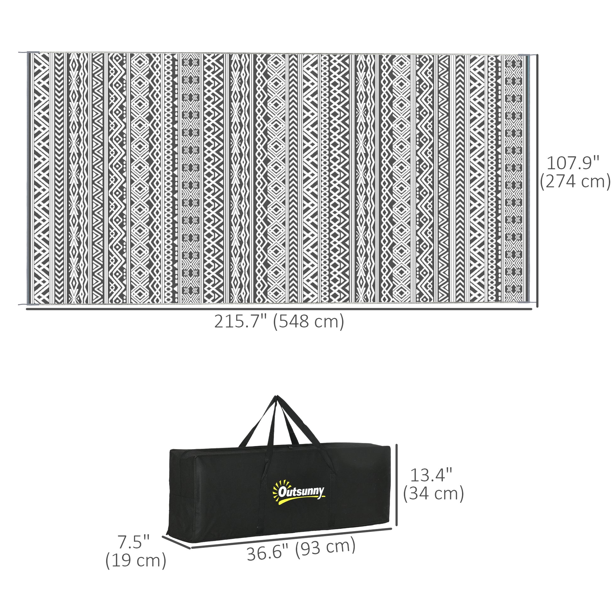 Reversible Outdoor Rug Waterproof Plastic Straw RV Rug with Carry Bag, 9' x 18', Grey and Cream White Boho