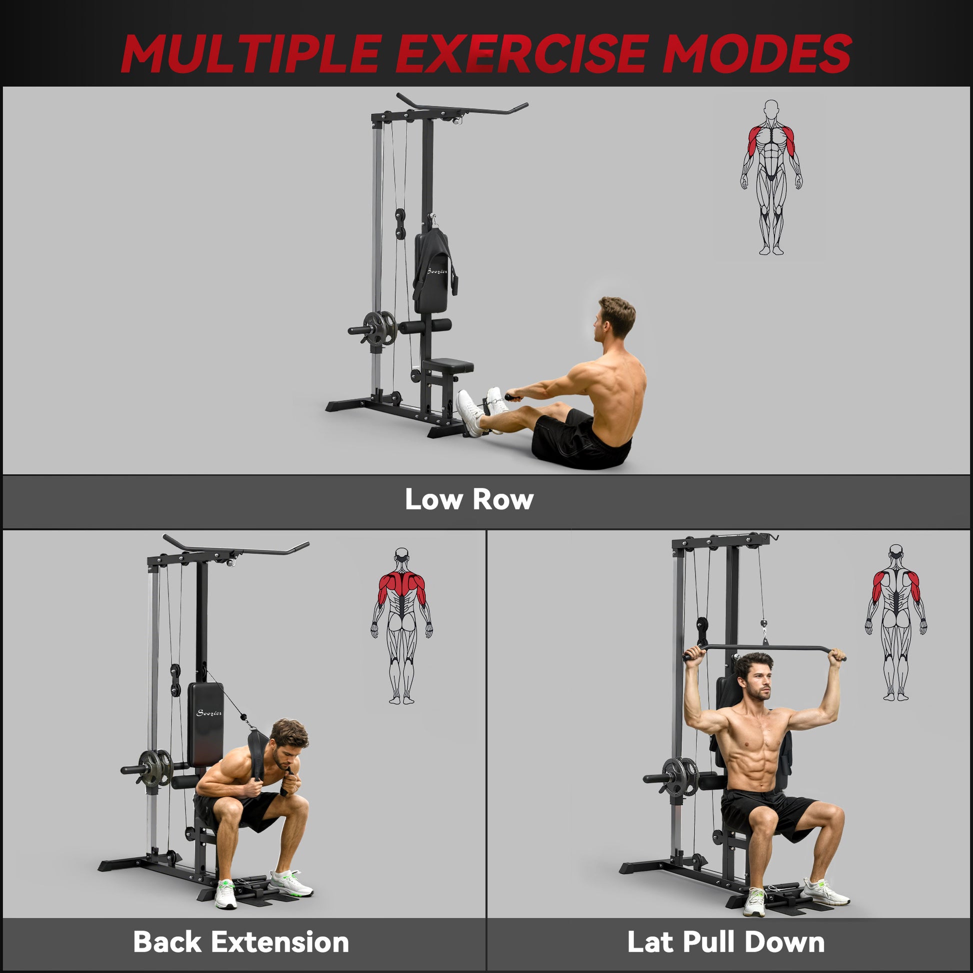 Soozier Lat Pull Down Machine, High / Low Pulley Machine with Adjustable Seat and Flip-Up Footplate, Black