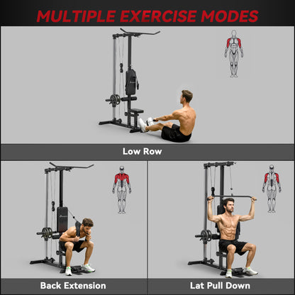 Soozier Lat Pull Down Machine, High / Low Pulley Machine with Adjustable Seat and Flip-Up Footplate, Black