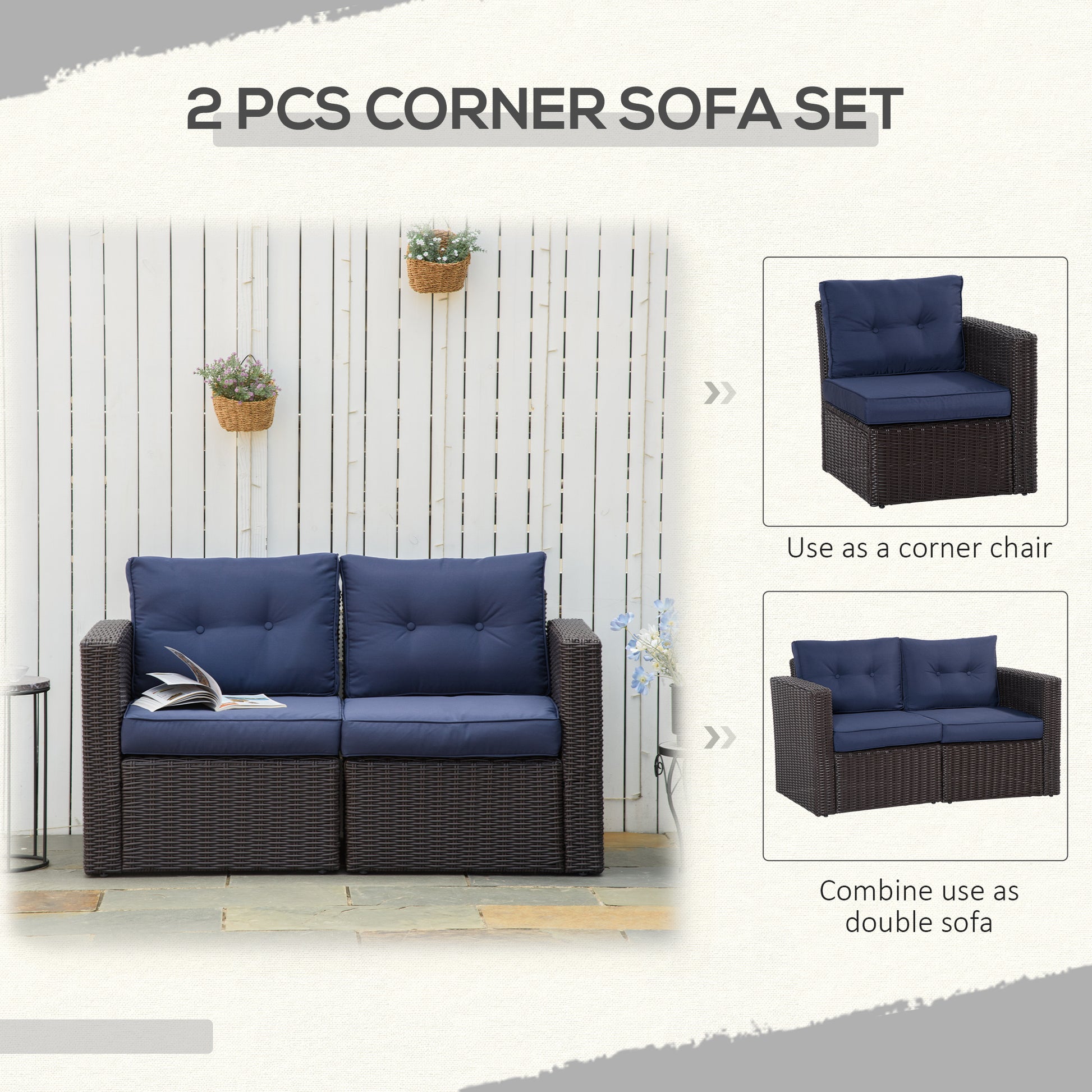 2 Pieces Patio Furniture Set Outdoor Loveseat Wicker Corner Sofa Set Outdoor Freely Combination PE Rattan Furniture, W/ 
