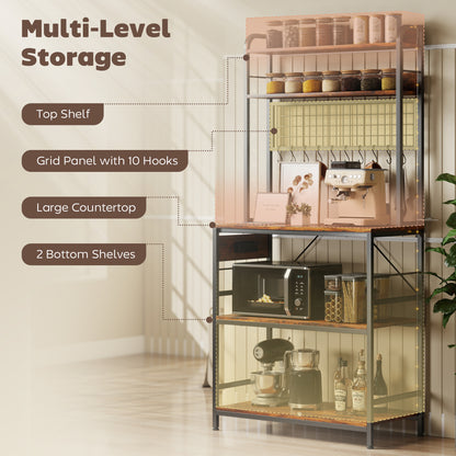Kitchen Baker's Rack with Power Outlet and LED Light, 5-Tier Coffee Bar Station with 10 Hooks, Rustic Brown