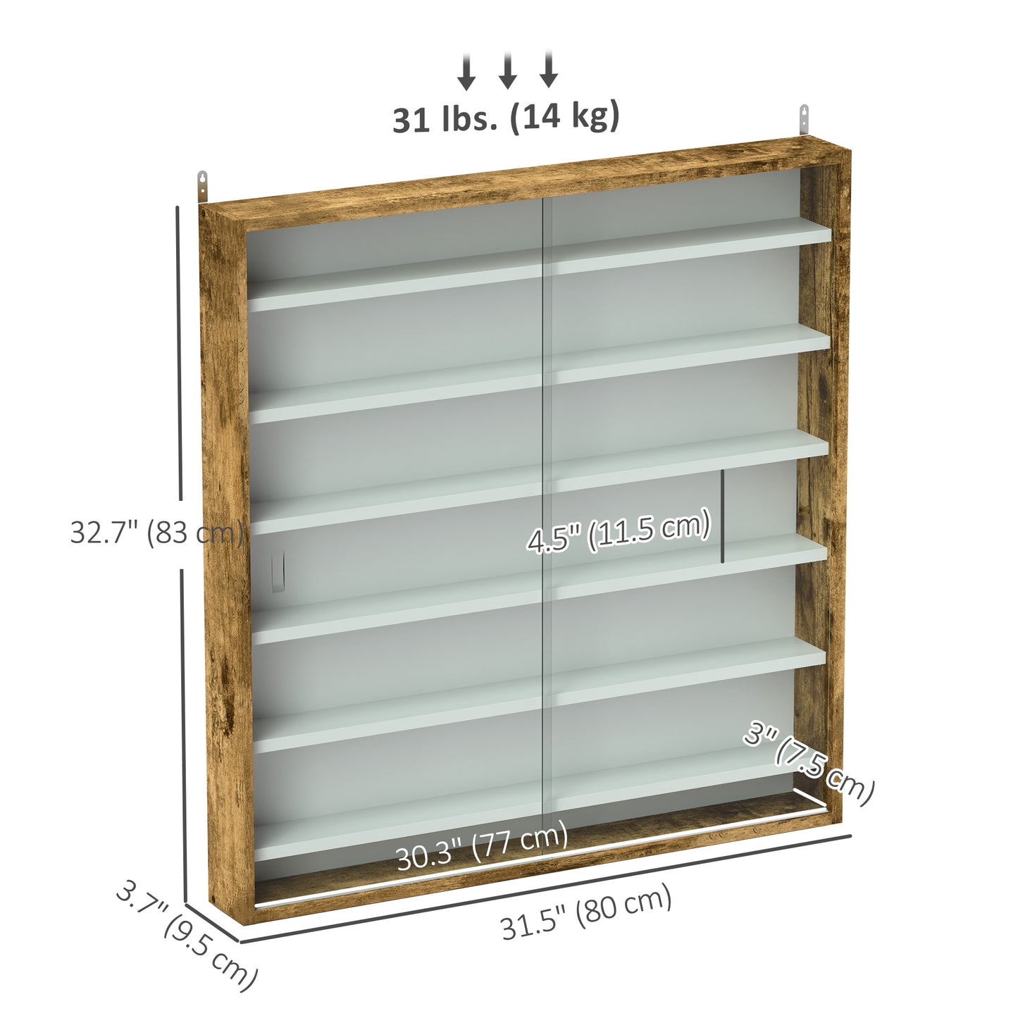 7-Tier Display Cabinet, Shot Glass Display Case, Glass Curio Cabinet with 2 Glass Doors and 6 Adjustable Shelves, Rustic