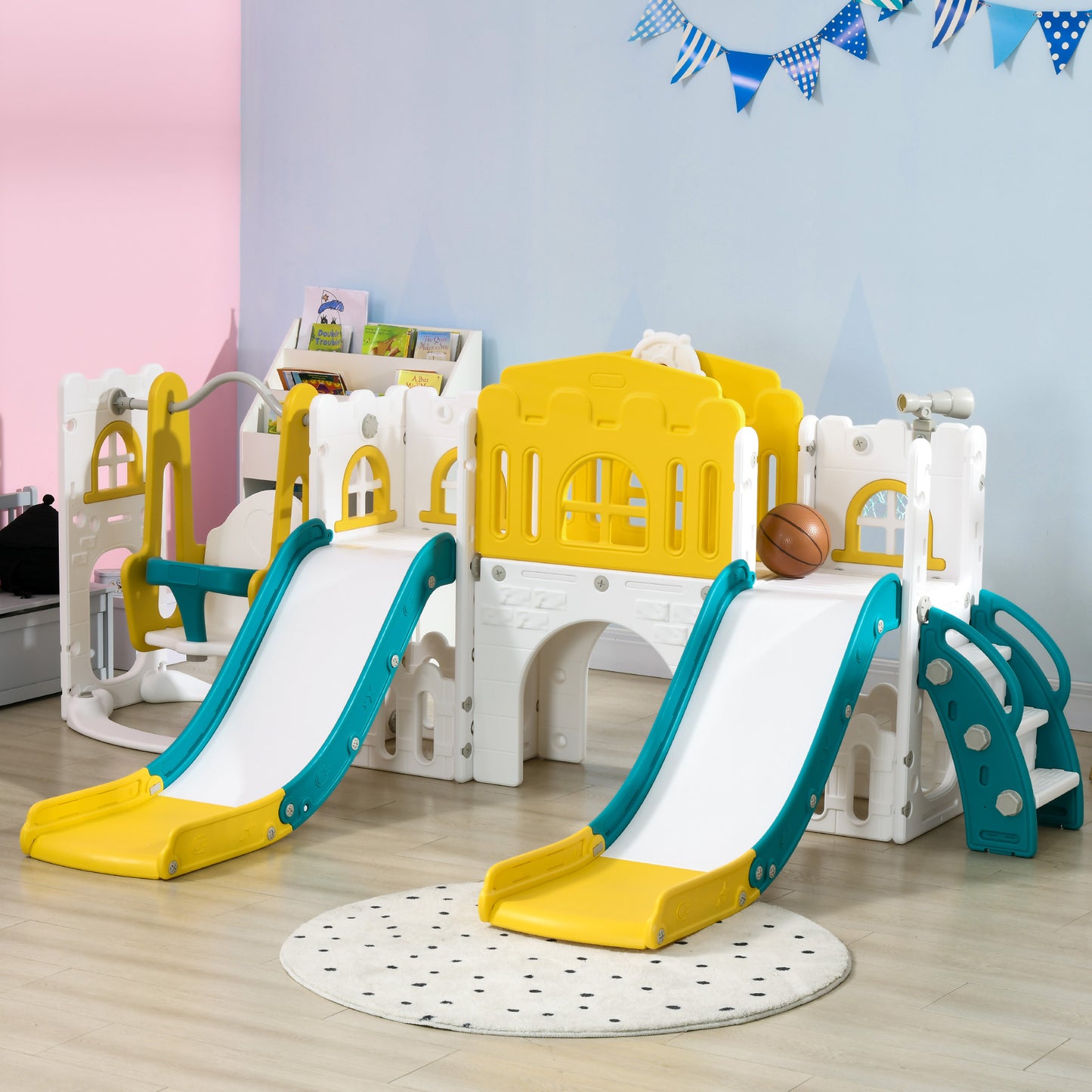 Qaba 8 in 1 Slide and Swing Set, Toddler Slide Set with Basketball Hoop, Climber, Steering Wheel, for Aged 1-3 Years, Ye