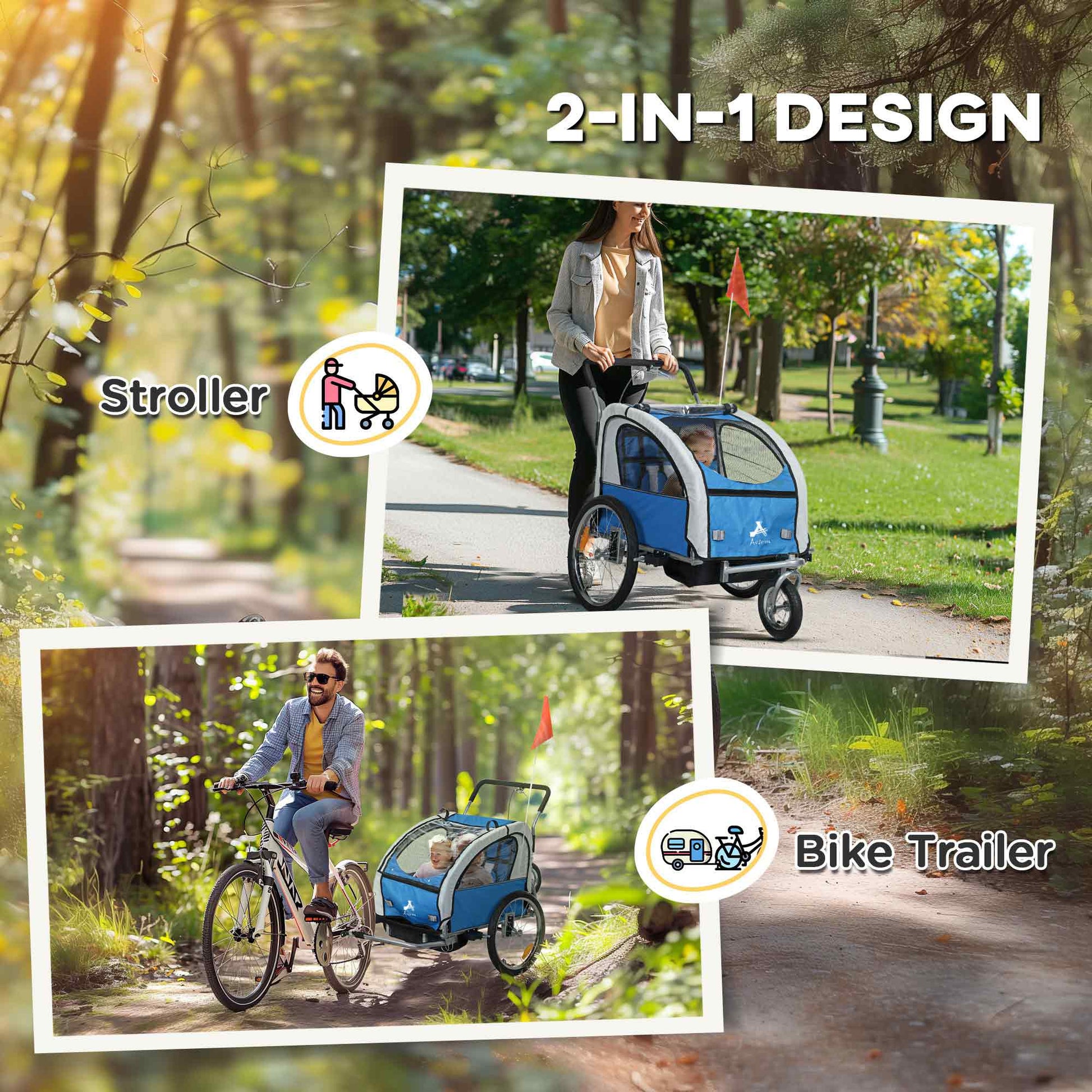 VarietyKart 2-in-1 Bike Trailer for Kids, Foldable 2-Seat Baby Stroller with 5-Point Harness, Rubber Wheels, Storage Bag