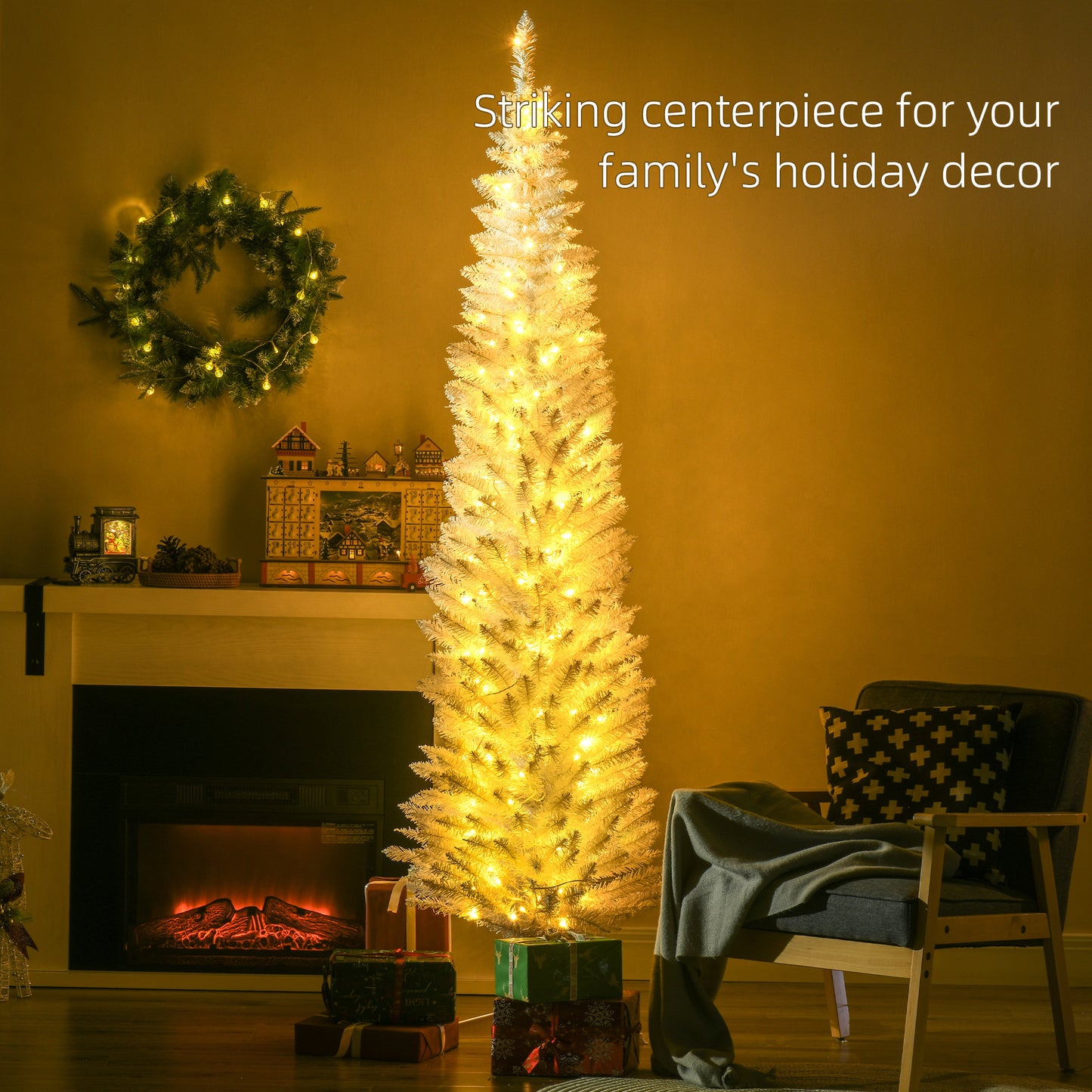 7' Pre Lit Artificial Pencil Christmas Trees, Xmas Tree with Realistic Branches and Warm White LED Lights, White