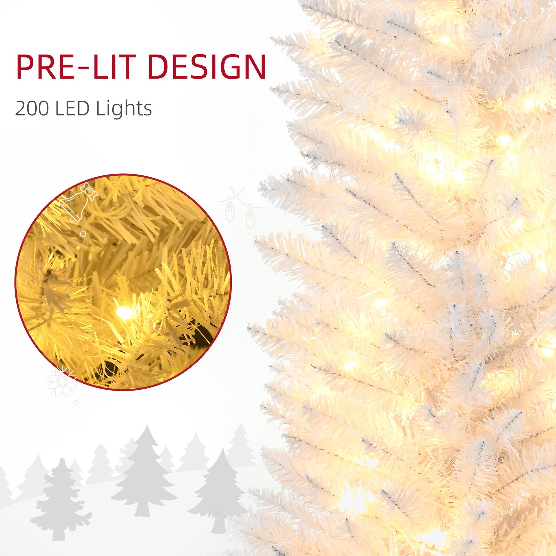 7' Pre Lit Artificial Pencil Christmas Trees, Xmas Tree with Realistic Branches and Warm White LED Lights, White