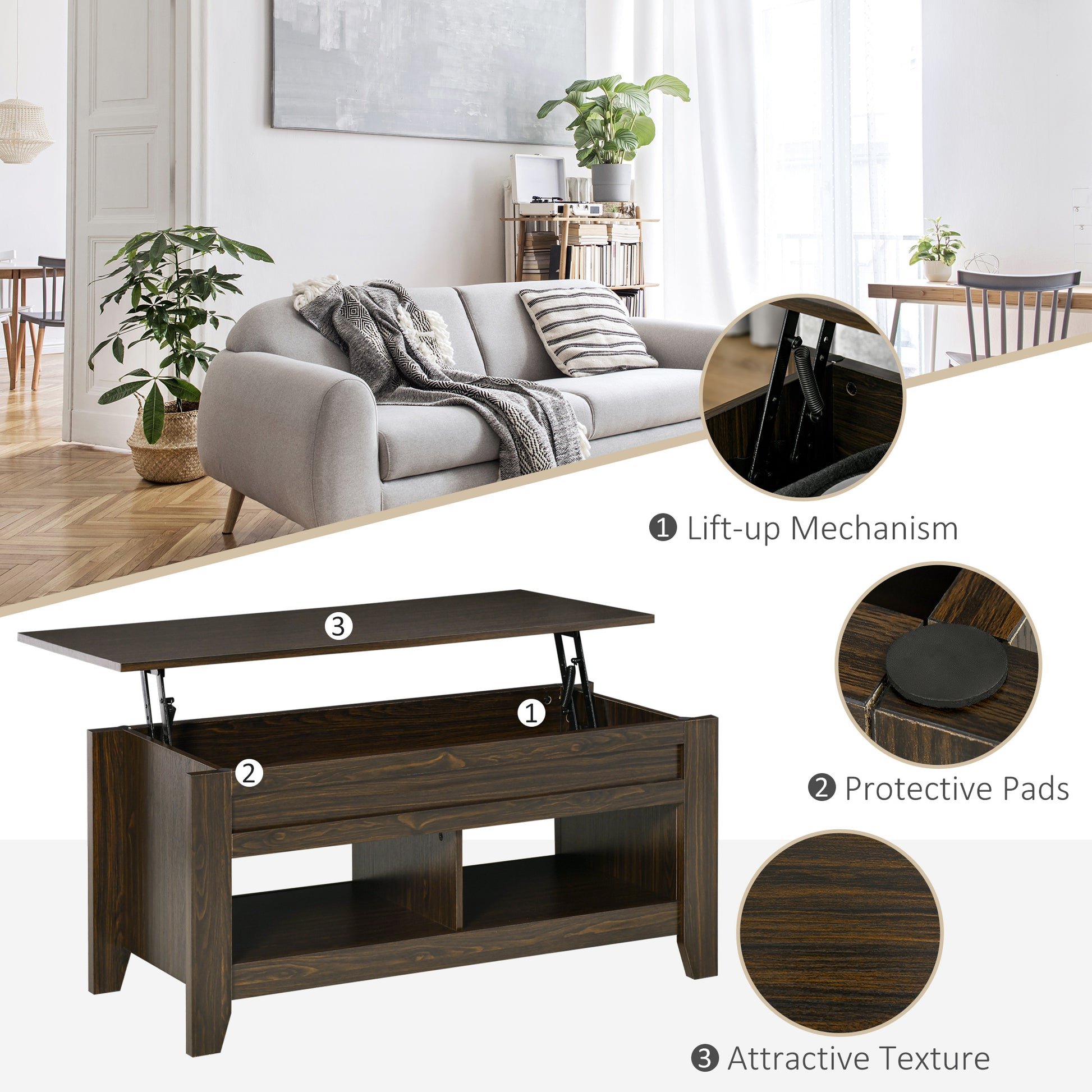 Lift Top Coffee Table with Hidden Storage Compartment and Open Shelves, Lift Tabletop Pop-Up Center Table for Living Roo