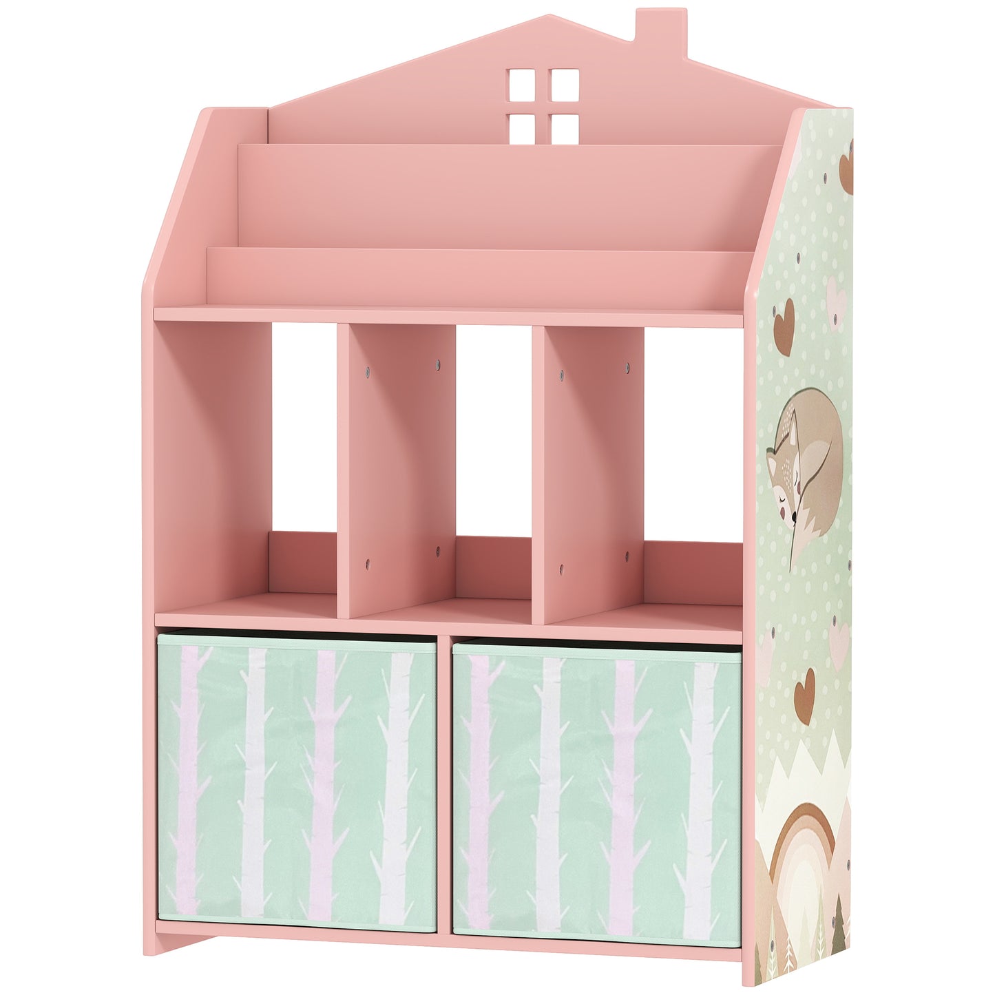 Qaba Kids Bookshelf with Storage, Toy Storage Unit with Book Display, Shelves and Fabric Drawers for Playroom Nursery, P