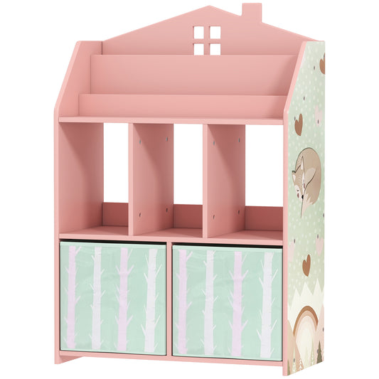 Qaba Kids Bookshelf with Storage, Toy Storage Unit with Book Display, Shelves and Fabric Drawers for Playroom Nursery, P