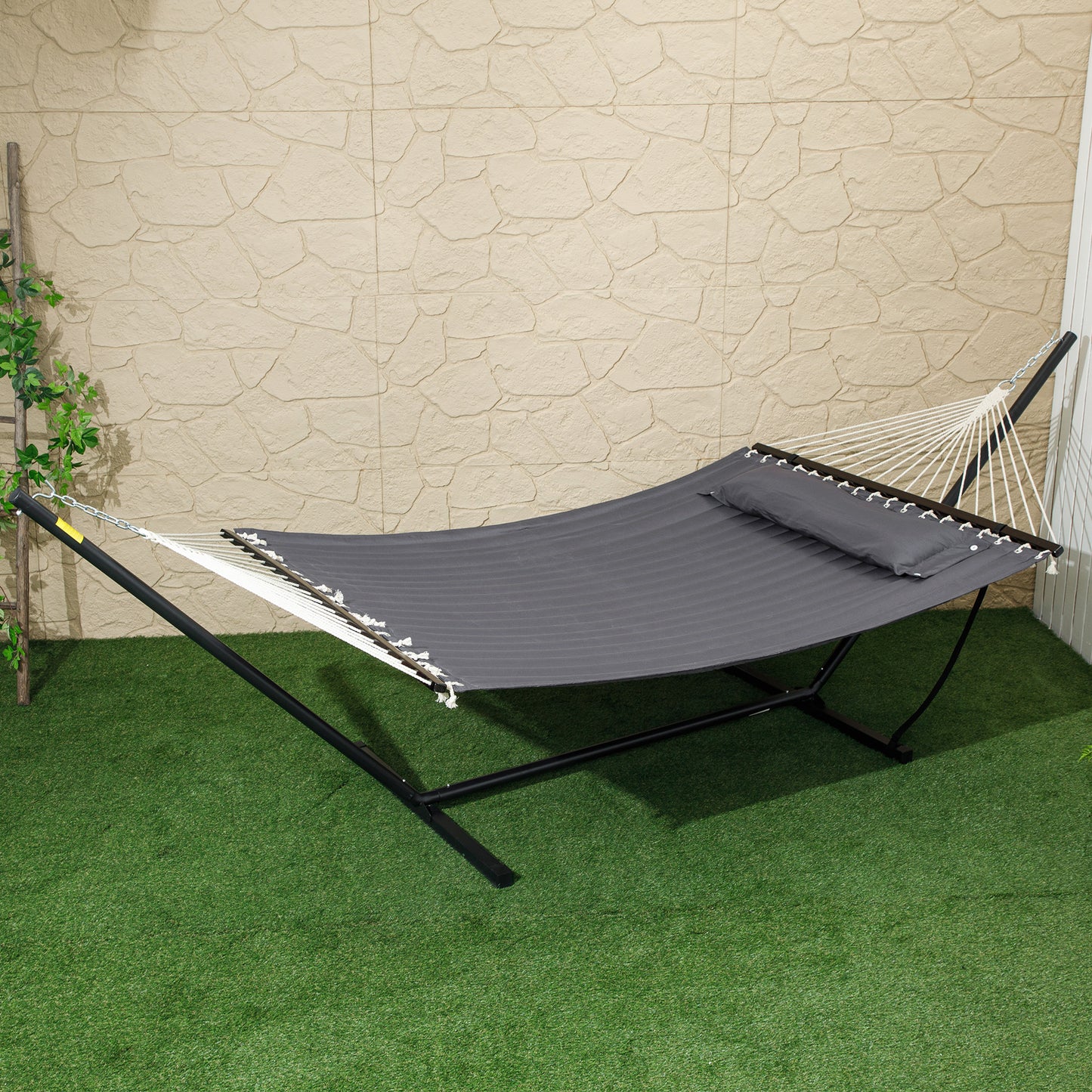 2 Person Hammock Quilted Double Hammock with Stand Pillow Spreader Bars for Outdoor Camping Beach, Dark Grey