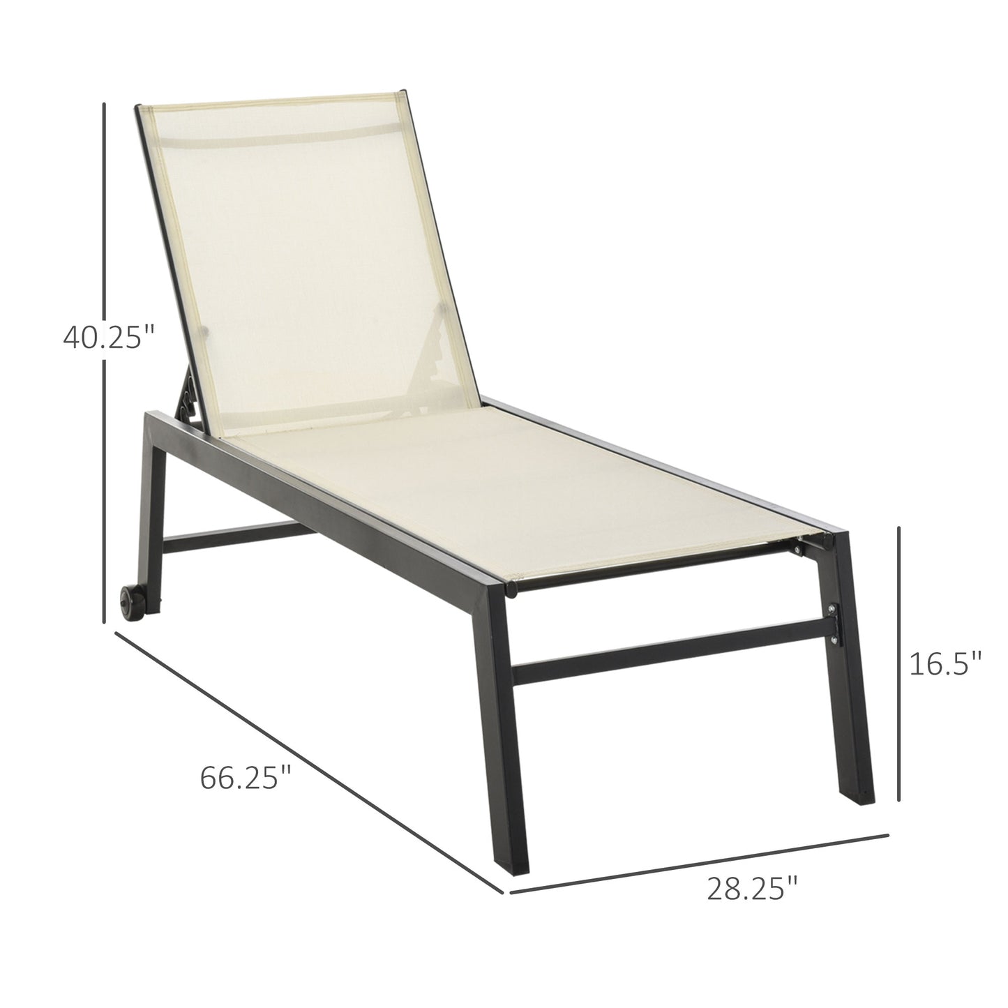 Outdoor Lounge Chair, Patio Lounger with 5-Position Reclining Backrest and 2 Wheels for Poolside, Beach, Lawn, Cream Whi