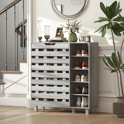 Shoe Cabinet, 21 Pair Shoe Storage Cabinet Organizer with 5-tier Double Door Cabinet and 5-tier Open Shelves, Light Grey