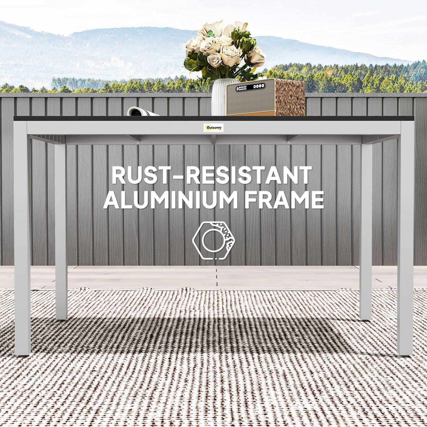 Outdoor Dining Table for 4-6 with Easy Maintenance Slatted Top, Rust-Resistant Aluminium Frame, Black