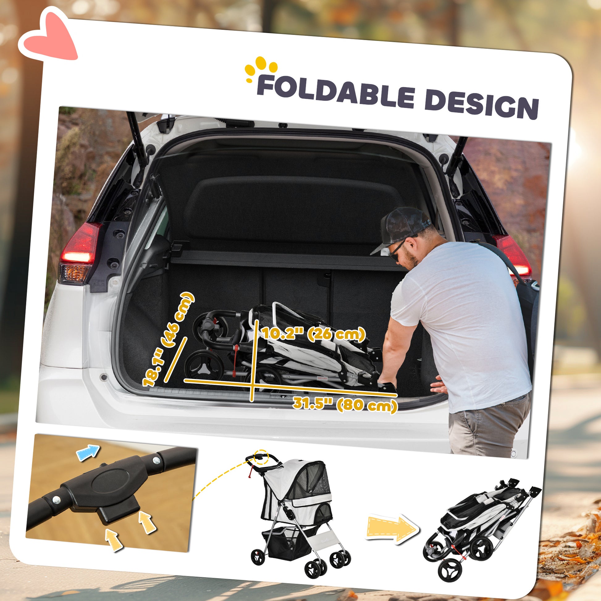 Cat Dog Stroller, One-click Foldable Pet Stroller w/Cup Holder, 4 Wheels Travel Carrier w/Brakes, 360° Swiveling Front W