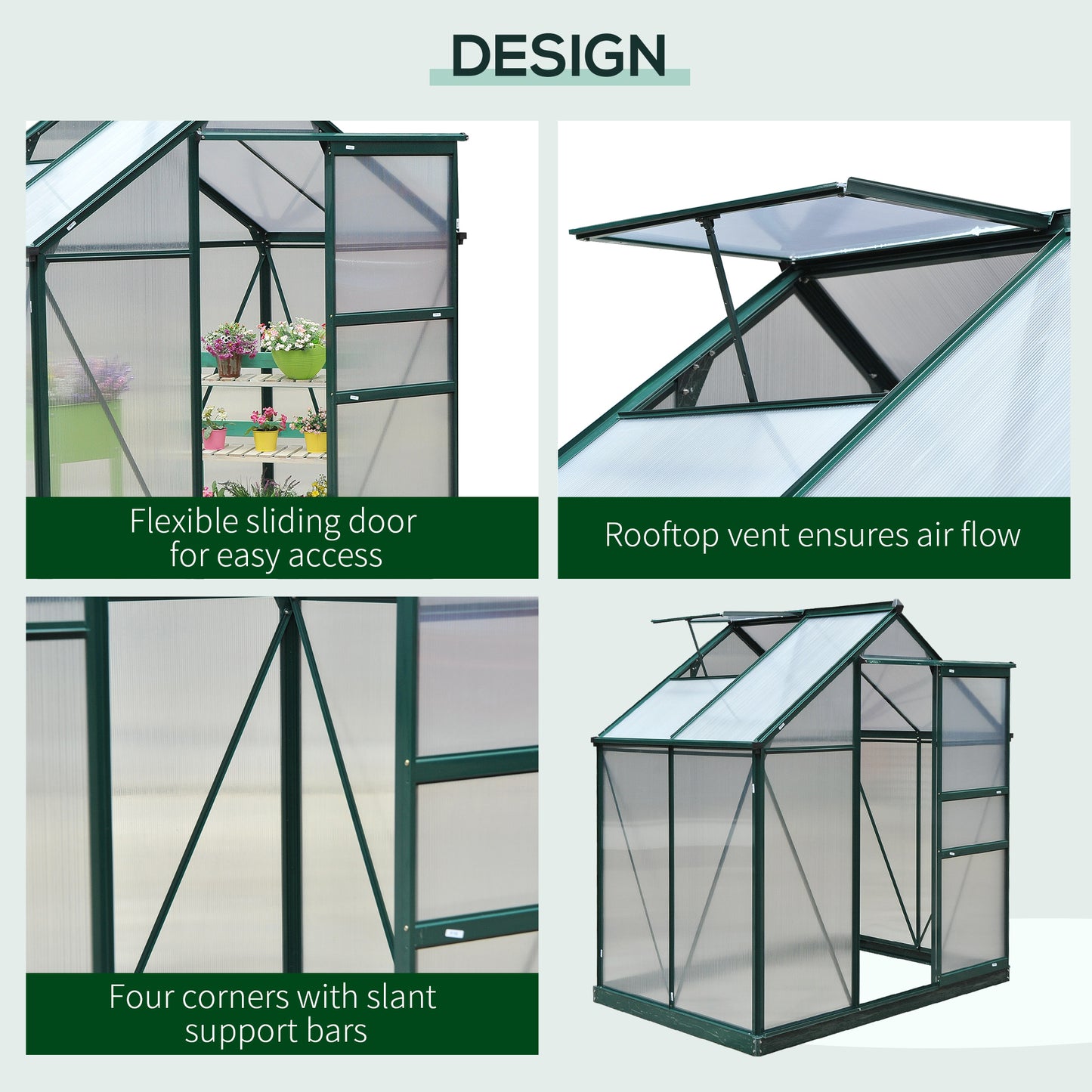 6.2' x 4.3' x 6.6' Clear Polycarbonate Greenhouse Large Walk-In Green House Garden Plants Grow Galvanized Base Aluminium