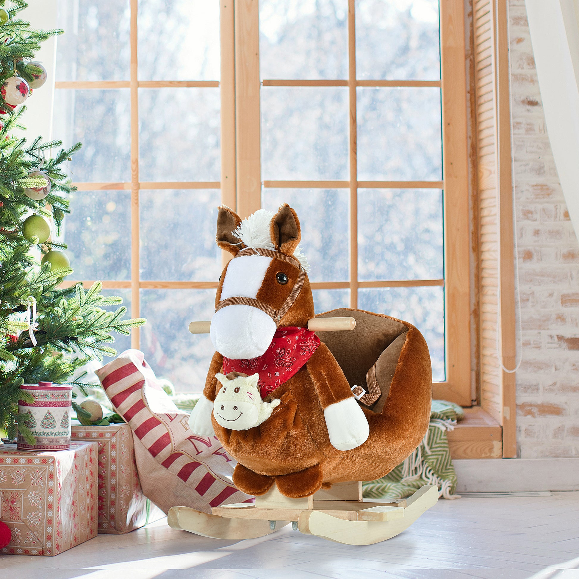 Qaba Baby Rocking Horse, Plush Animal Rocker for Toddlers Aged 18-36 Months, Stuffed Ride Toy with Hand Puppet, Sounds, 