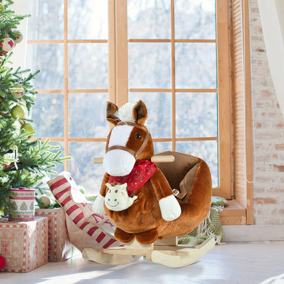 Qaba Baby Rocking Horse, Plush Animal Rocker for Toddlers Aged 18-36 Months, Stuffed Ride Toy with Hand Puppet, Sounds, 