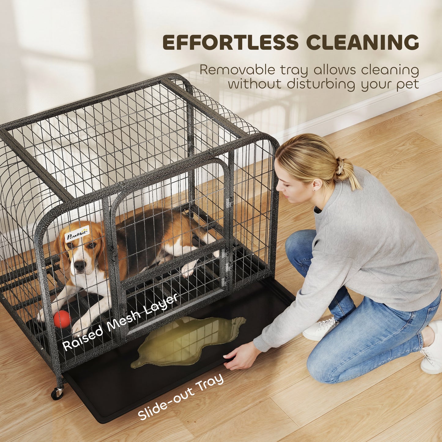 37 Inch Heavy Duty Dog Crate, Large Metal Dog Cage with Lockable Wheels and Removable Tray