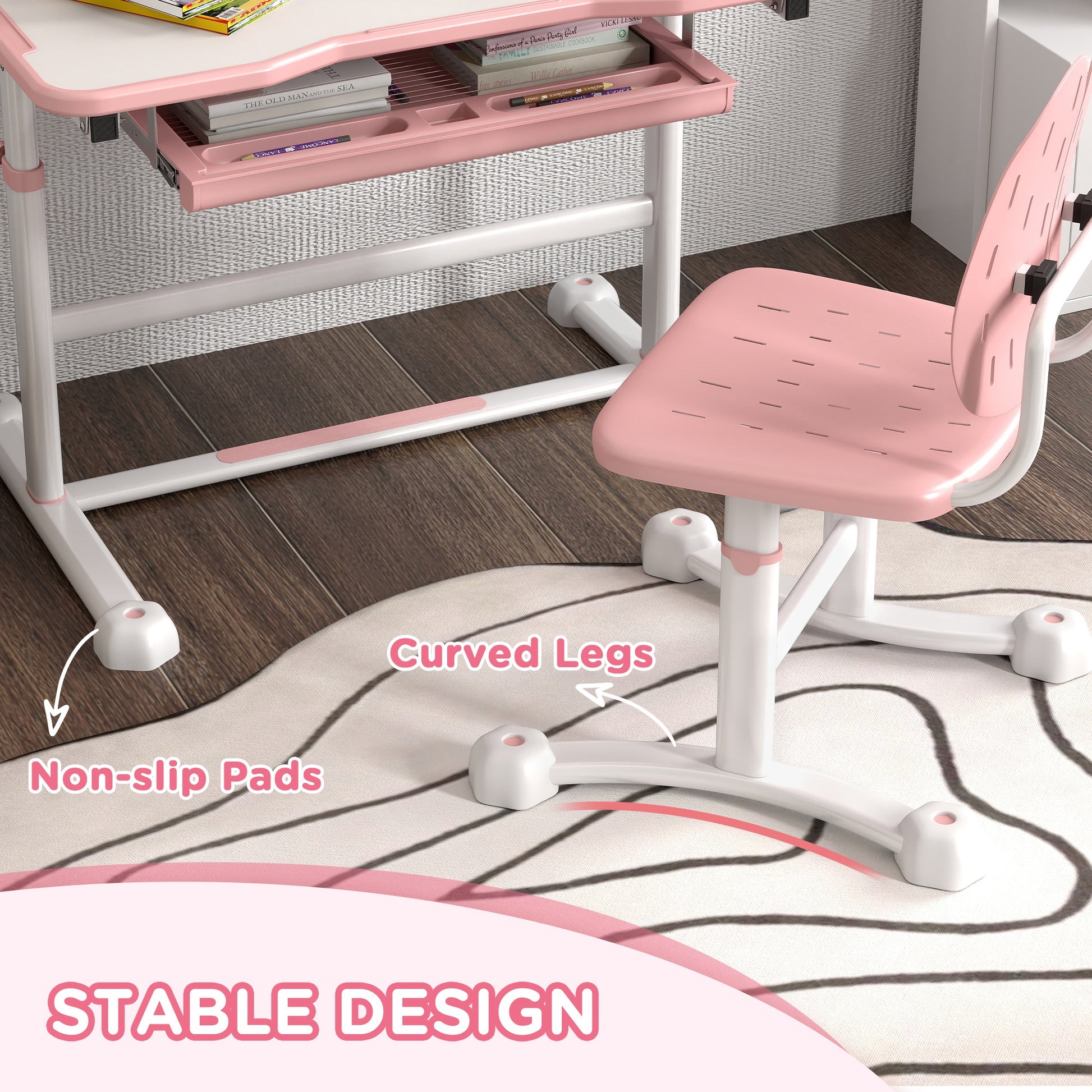 Qaba Height Adjustable Kids Desk and Chair Set with Tilt Desktop, Large Writing Board, Storage Drawer, Book Stand, Pink