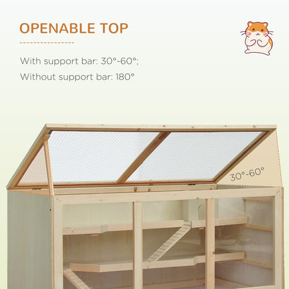Wooden Hamster Cage Rat Cage with Slide, Tray, Natural Wood