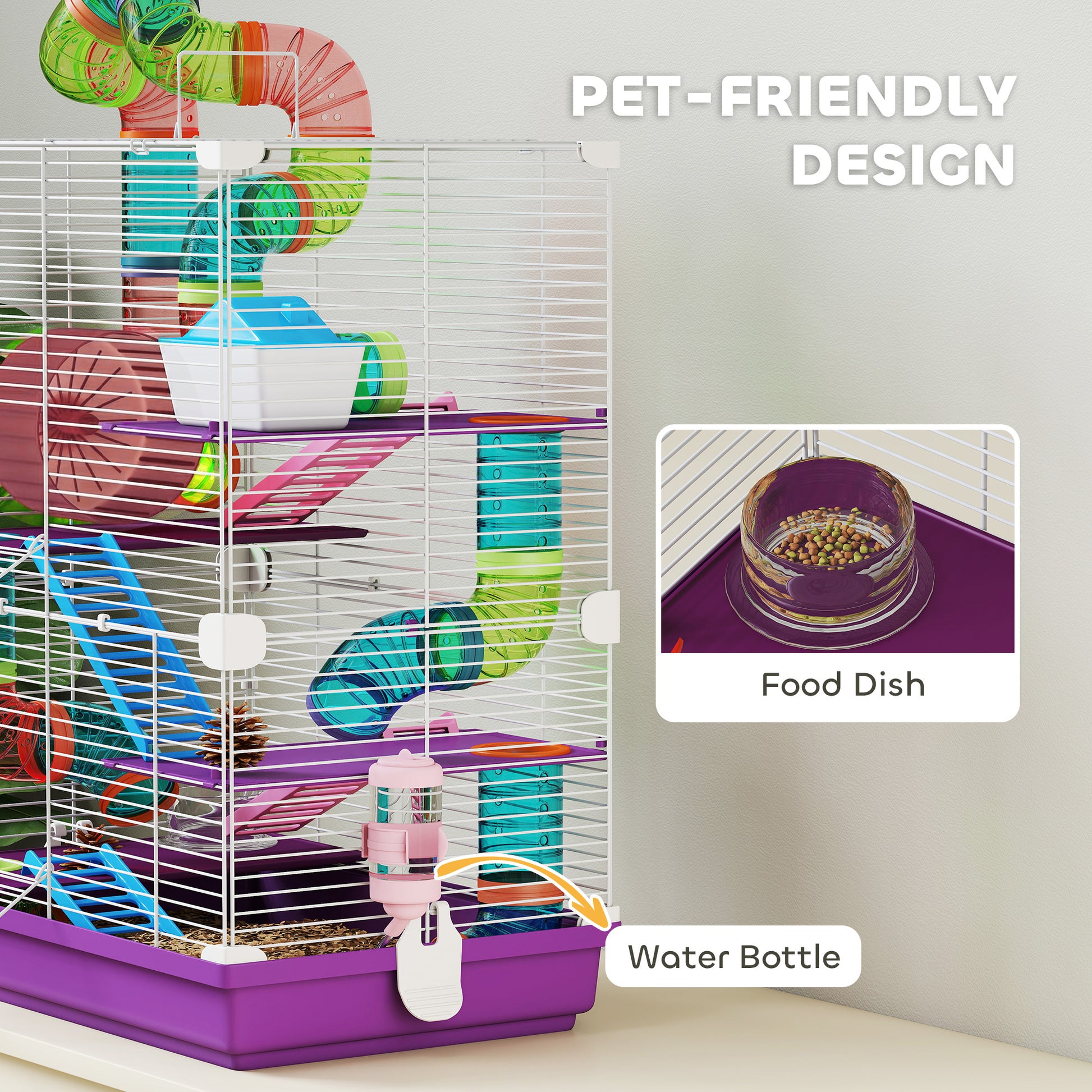 5 Tiers Hamster Cage Portable with Exercise Wheels Play Tube Water Bottle Dishes House Ladder for Gerbils, Purple