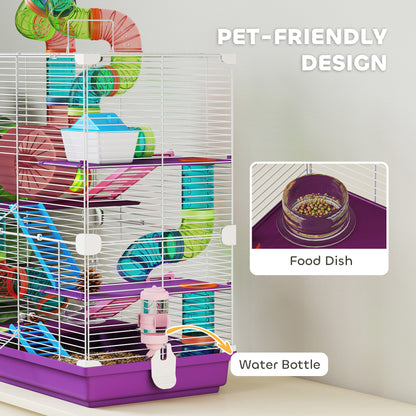 5 Tiers Hamster Cage Portable with Exercise Wheels Play Tube Water Bottle Dishes House Ladder for Gerbils, Purple