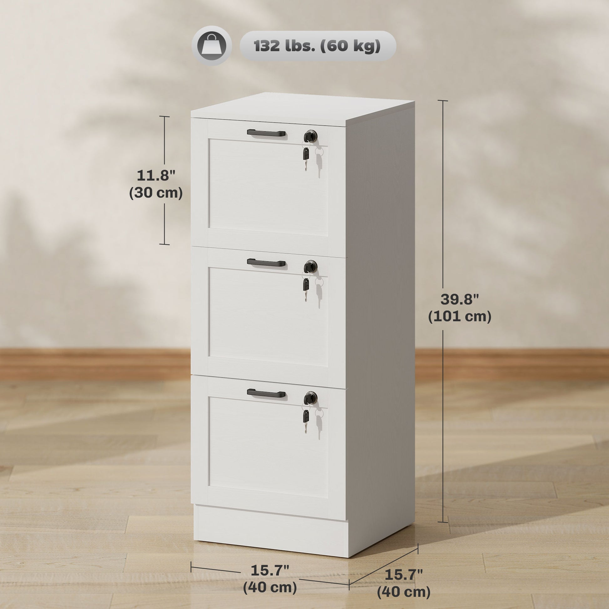 Vertical Filing Cabinet with 3 Drawers, Lock, File Cabinet for Home Office, A4 and Letter Size Files, White